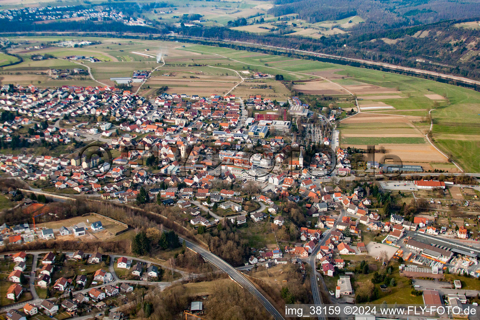 Aerial view of Obrigheim in the state Baden-Wuerttemberg, Germany