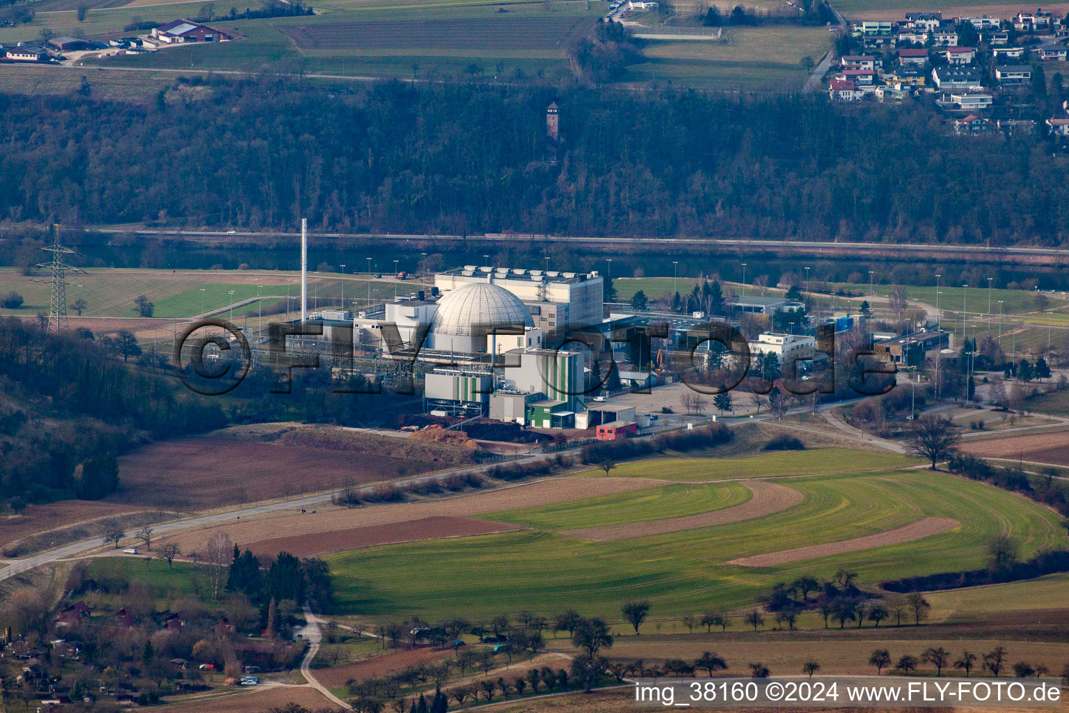 Aerial view of Building the decommissioned reactor units and systems of the NPP - NPP nuclear power plant EnBW Kernkraft GmbH, Kernkraftwerk Obrigheim in Obrigheim in the state Baden-Wurttemberg, Germany