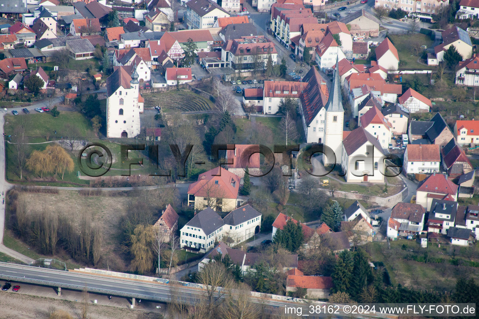 Churches building the chapel Tempelhaus Neckarelz in the district Neckarelz in Mosbach in the state Baden-Wurttemberg from above