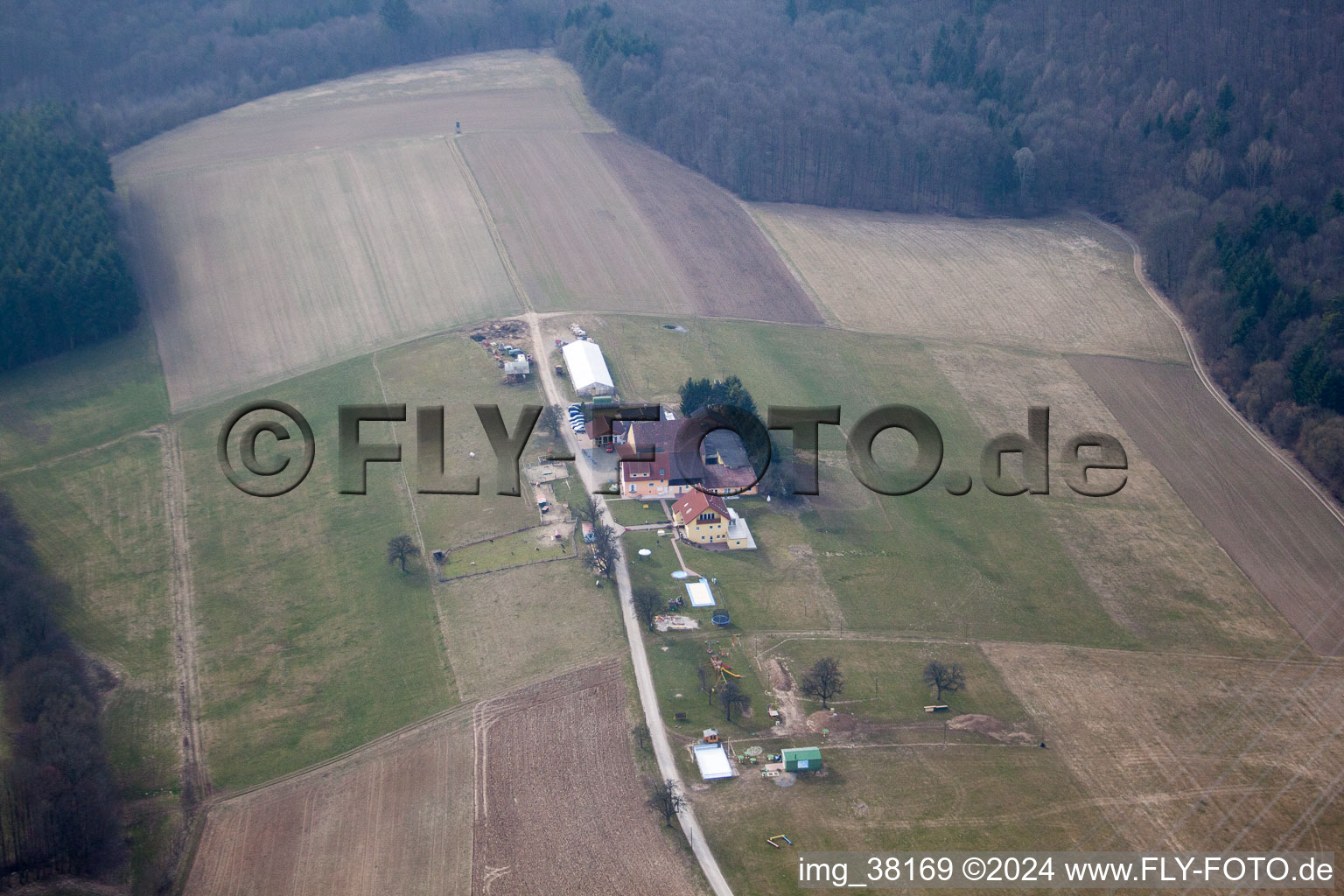 Aerial view of Hof Wüsthausen in Hüffenhardt in the state Baden-Wuerttemberg, Germany