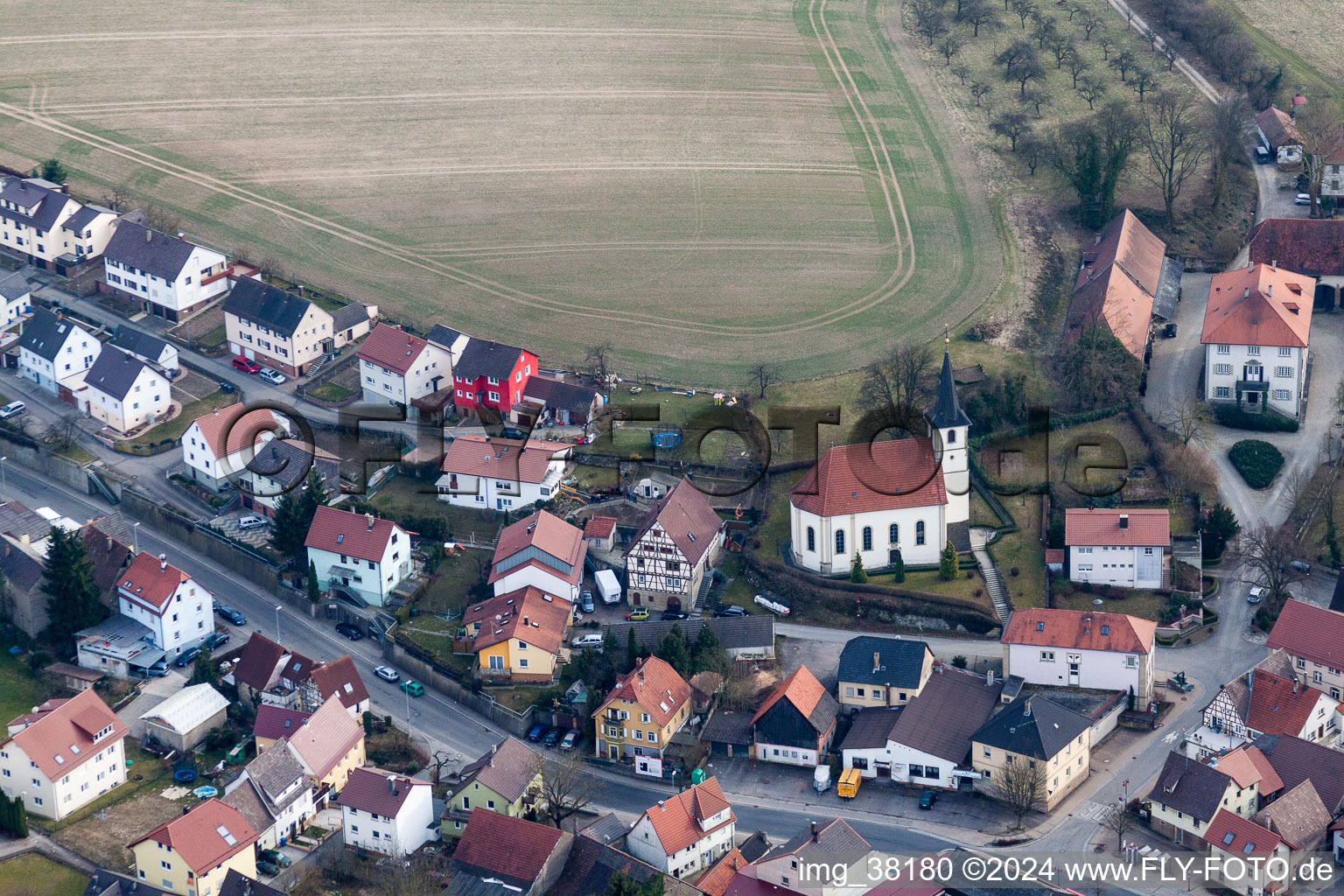 Aerial view of Church building in the village of in the district Obergimpern in Bad Rappenau in the state Baden-Wurttemberg, Germany