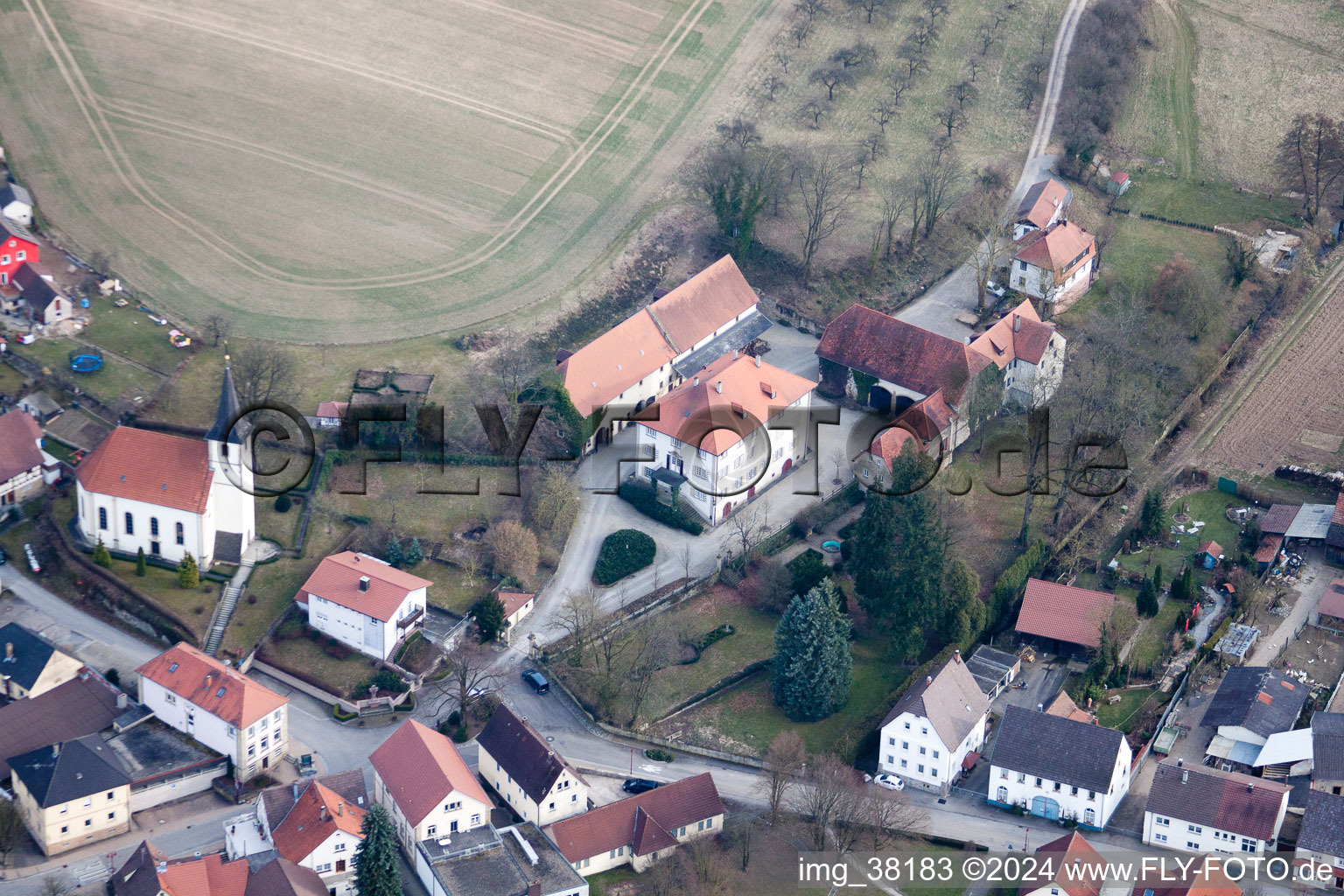 Aerial view of Castle and Chapel in the district Obergimpern in Bad Rappenau in the state Baden-Wuerttemberg, Germany