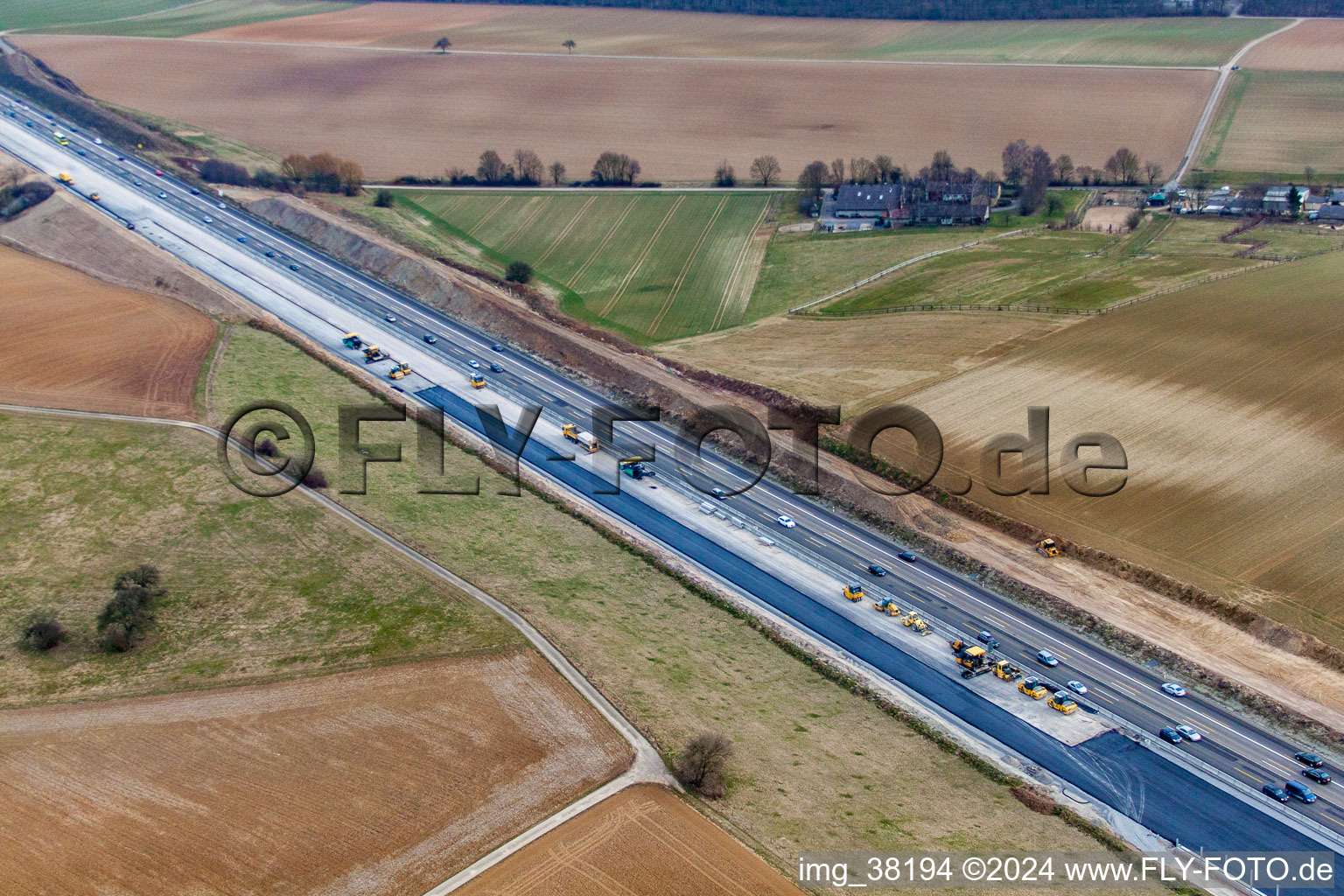 Aerial view of Construction site for road renewal on the A6 in Kirchardt in the state Baden-Wuerttemberg, Germany