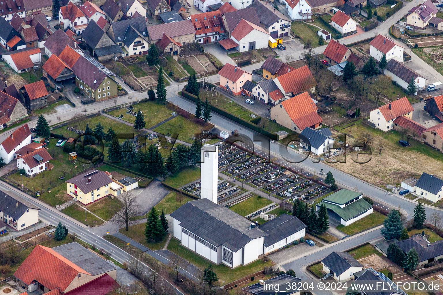 Church tower and tower roof at the church building of Kath. Gemeinde in the district Richen in Eppingen in the state Baden-Wurttemberg, Germany