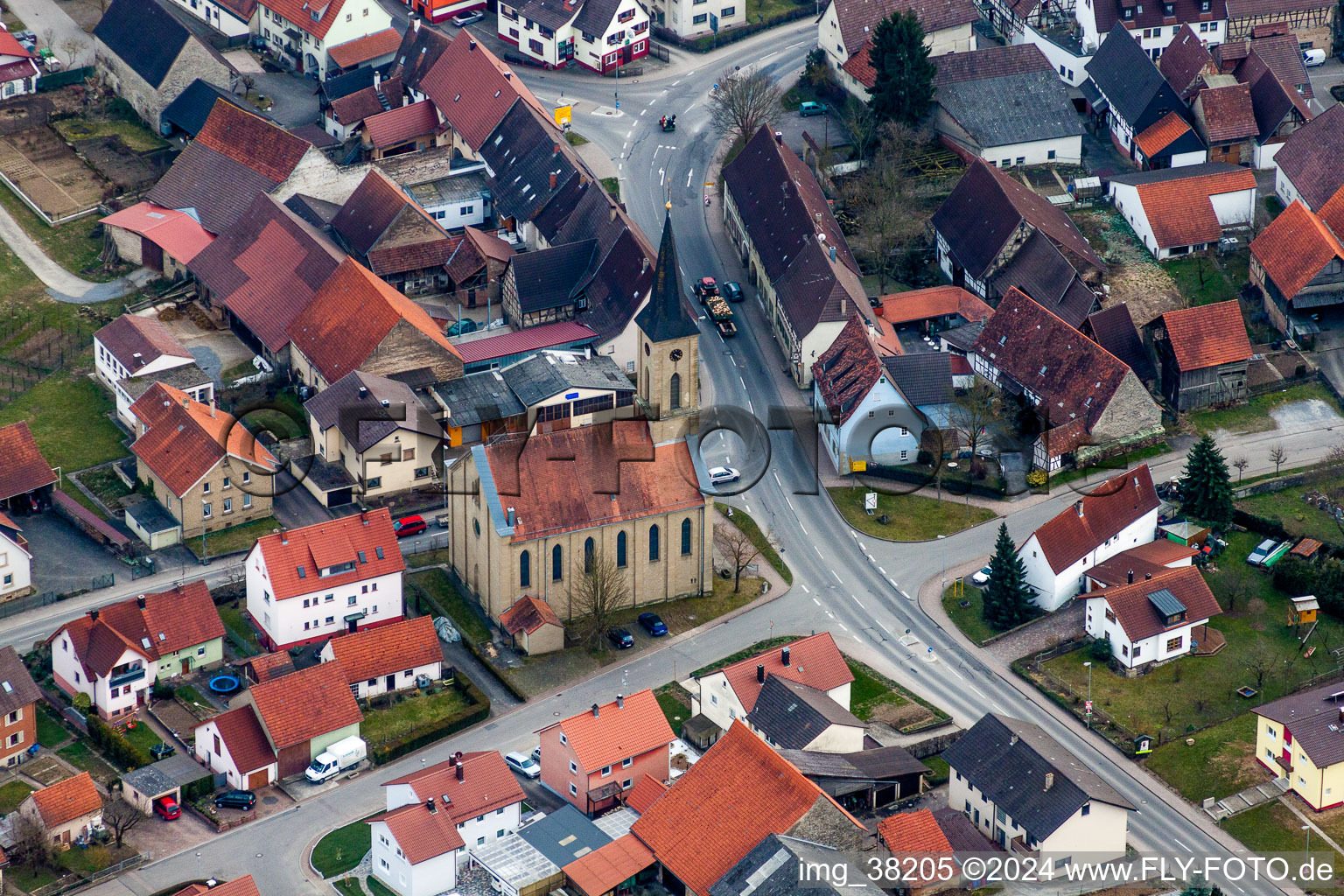 Church tower and tower roof at the church building of of Evangelisches Pfarrei in Eppingen-Richen in the state Baden-Wurttemberg, Germany