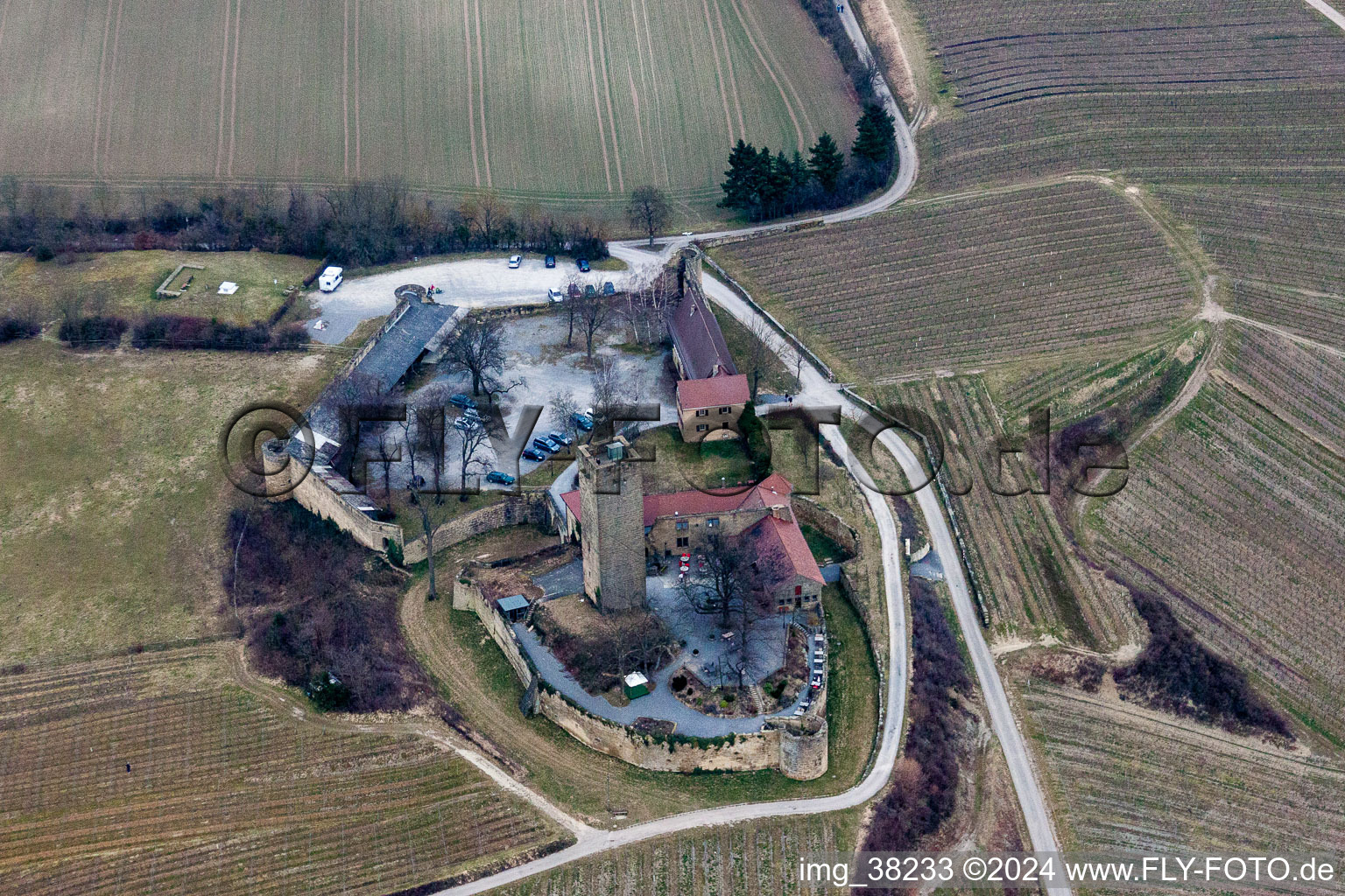 Castle of the fortress Ravensburg with restaurant in Sulzfeld in the state Baden-Wurttemberg, Germany from above