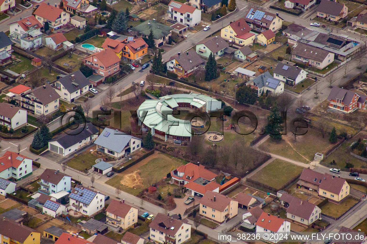 Aerial view of Preschool in Sulzfeld in the state Baden-Wuerttemberg, Germany