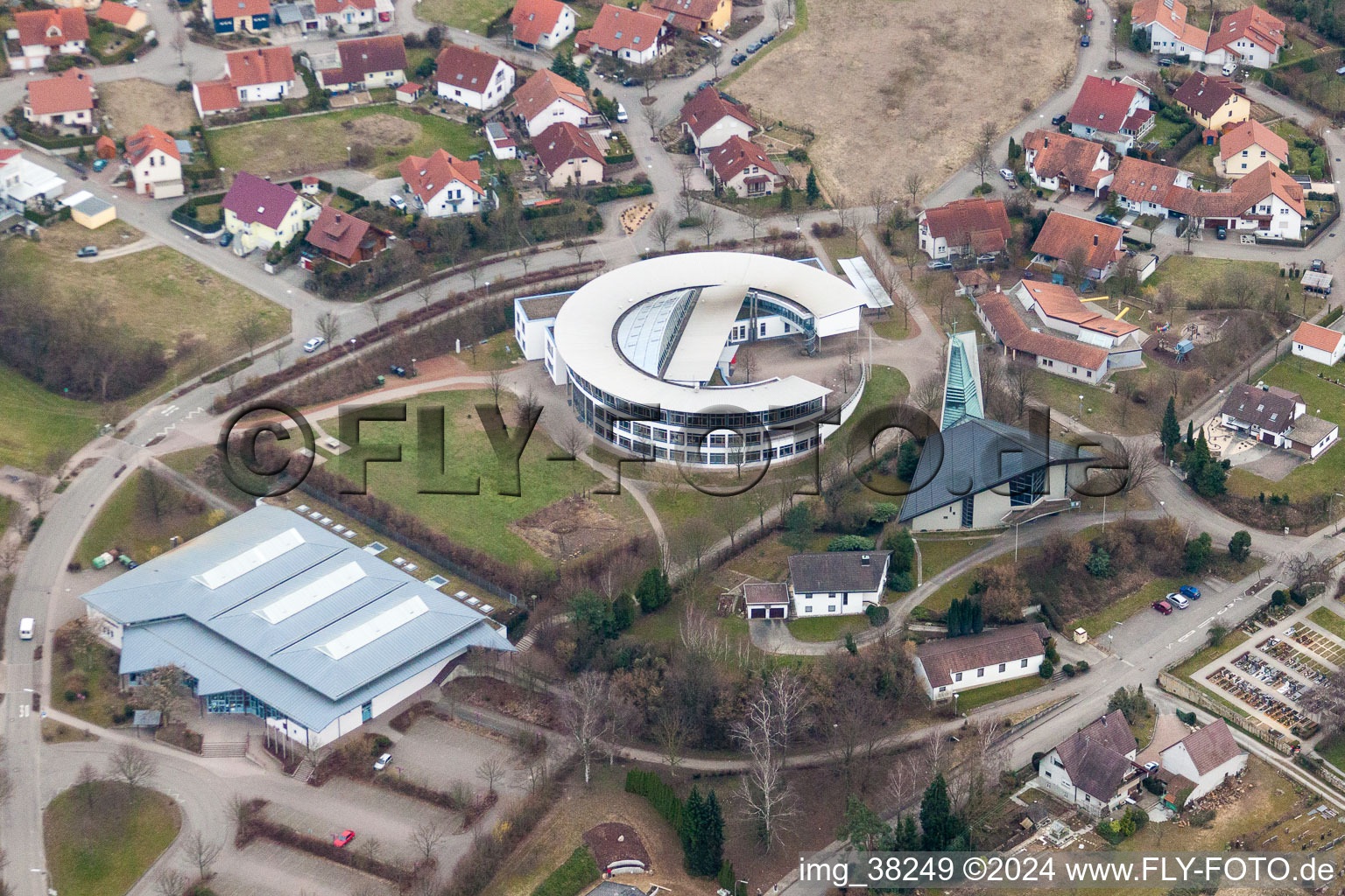 Aerial view of School building of the Leopold-Feigenbutz-Realschule in Oberderdingen in the state Baden-Wurttemberg, Germany