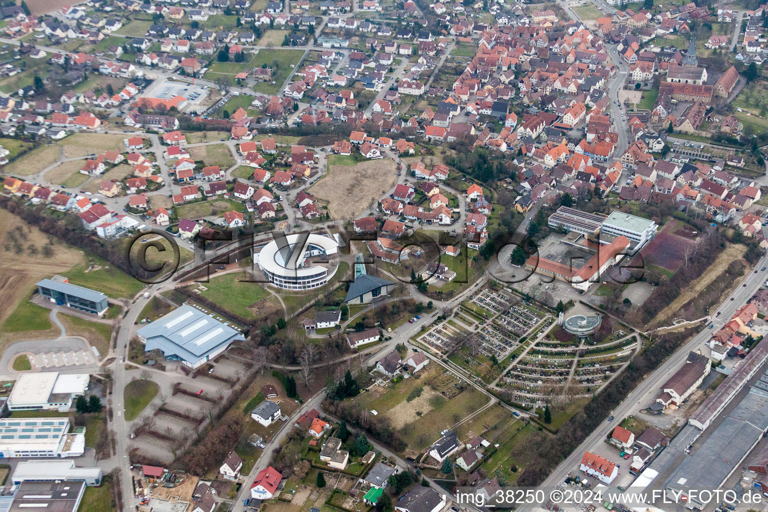 Aerial photograpy of School building of the Leopold-Feigenbutz-Realschule in Oberderdingen in the state Baden-Wurttemberg, Germany