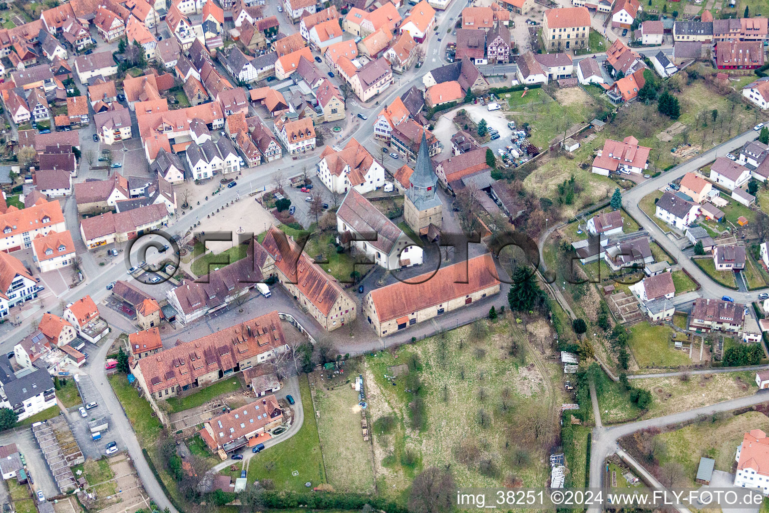 Town Hall building of the city administration and Hexenturm in Oberderdingen in the state Baden-Wurttemberg, Germany