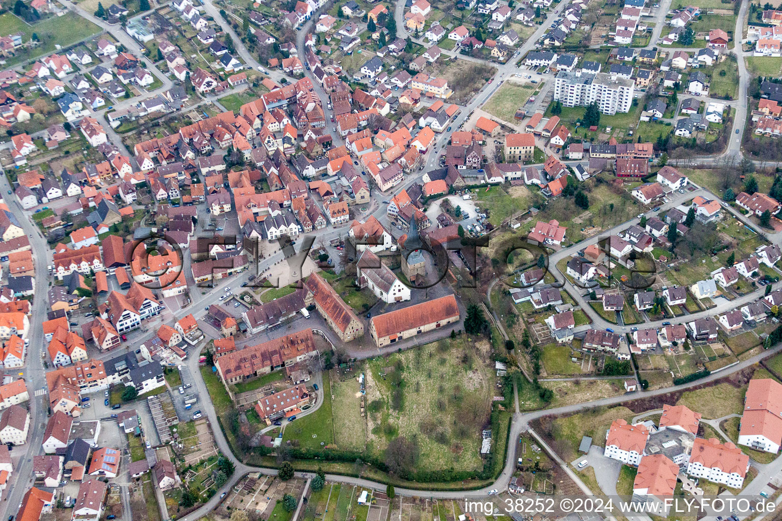 Laurentius Church, the parish hall and the witch tower in Oberderdingen in the state Baden-Wuerttemberg, Germany