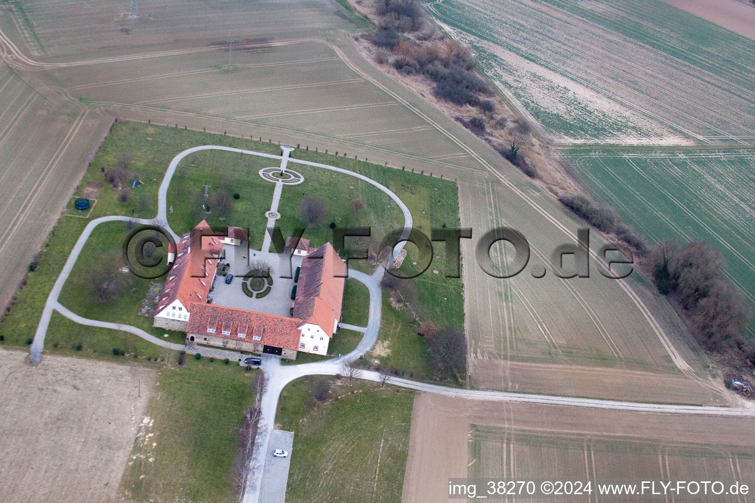 Oblique view of Schwarzerdhof in Großvillars in the state Baden-Wuerttemberg, Germany