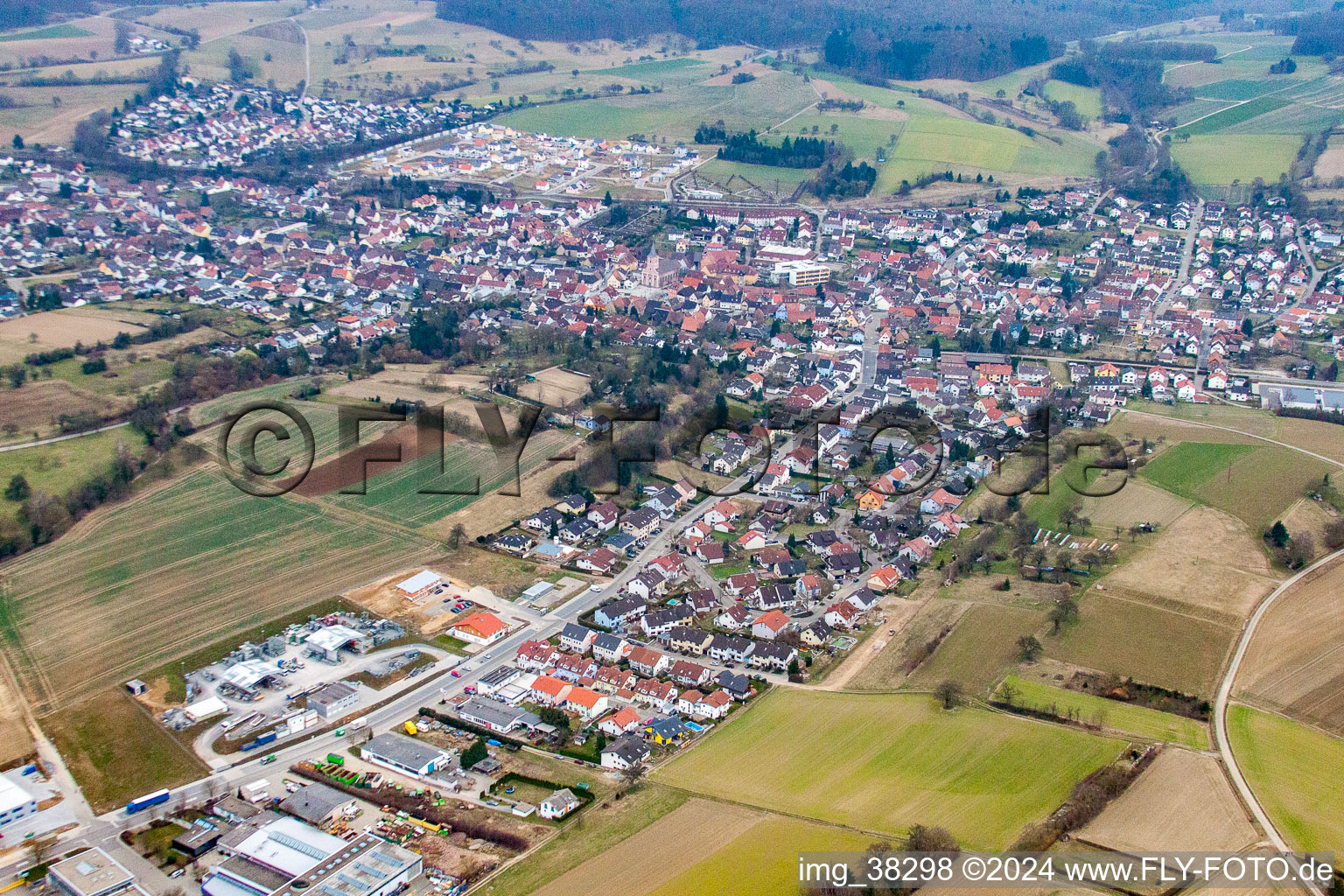 Aerial view of From northeast in the district Jöhlingen in Walzbachtal in the state Baden-Wuerttemberg, Germany