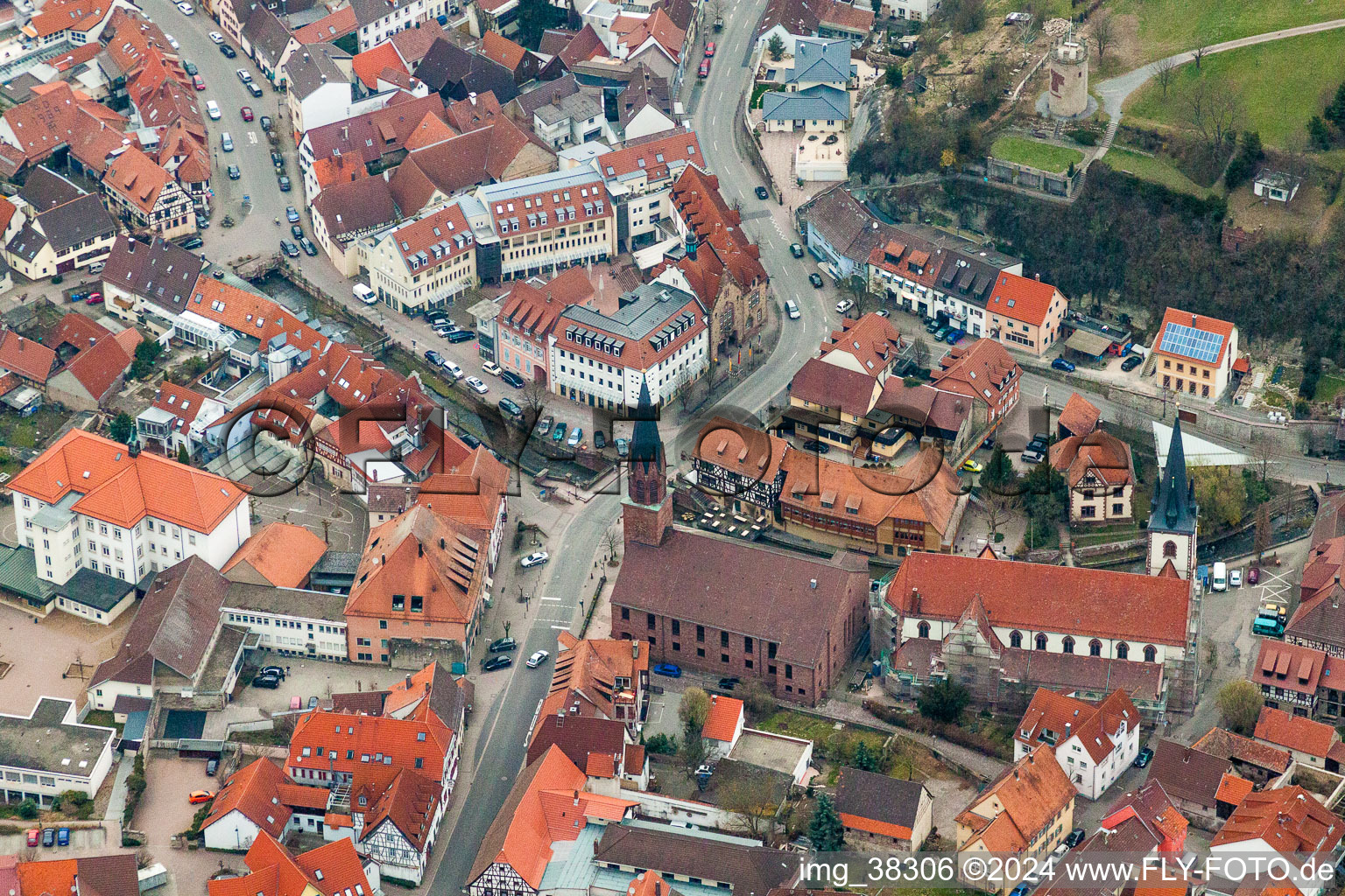 Oblique view of Buildings of the evangelic church and of the catholic church St. Michael Weingarten, in Weingarten in the state Baden-Wurttemberg, Germany