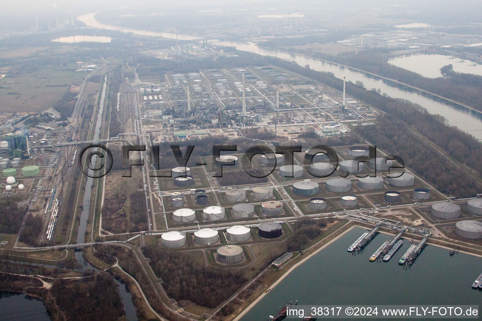 Aerial view of MIRO refinery on the Rhine in the district Knielingen in Karlsruhe in the state Baden-Wuerttemberg, Germany