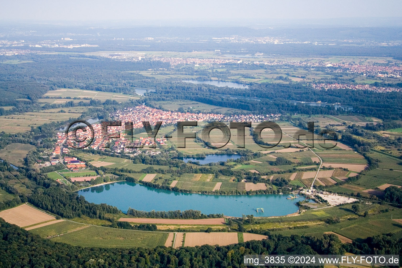 Village on the river bank areas of the old bed of the Rhine river in Neuburg am Rhein in the state Rhineland-Palatinate