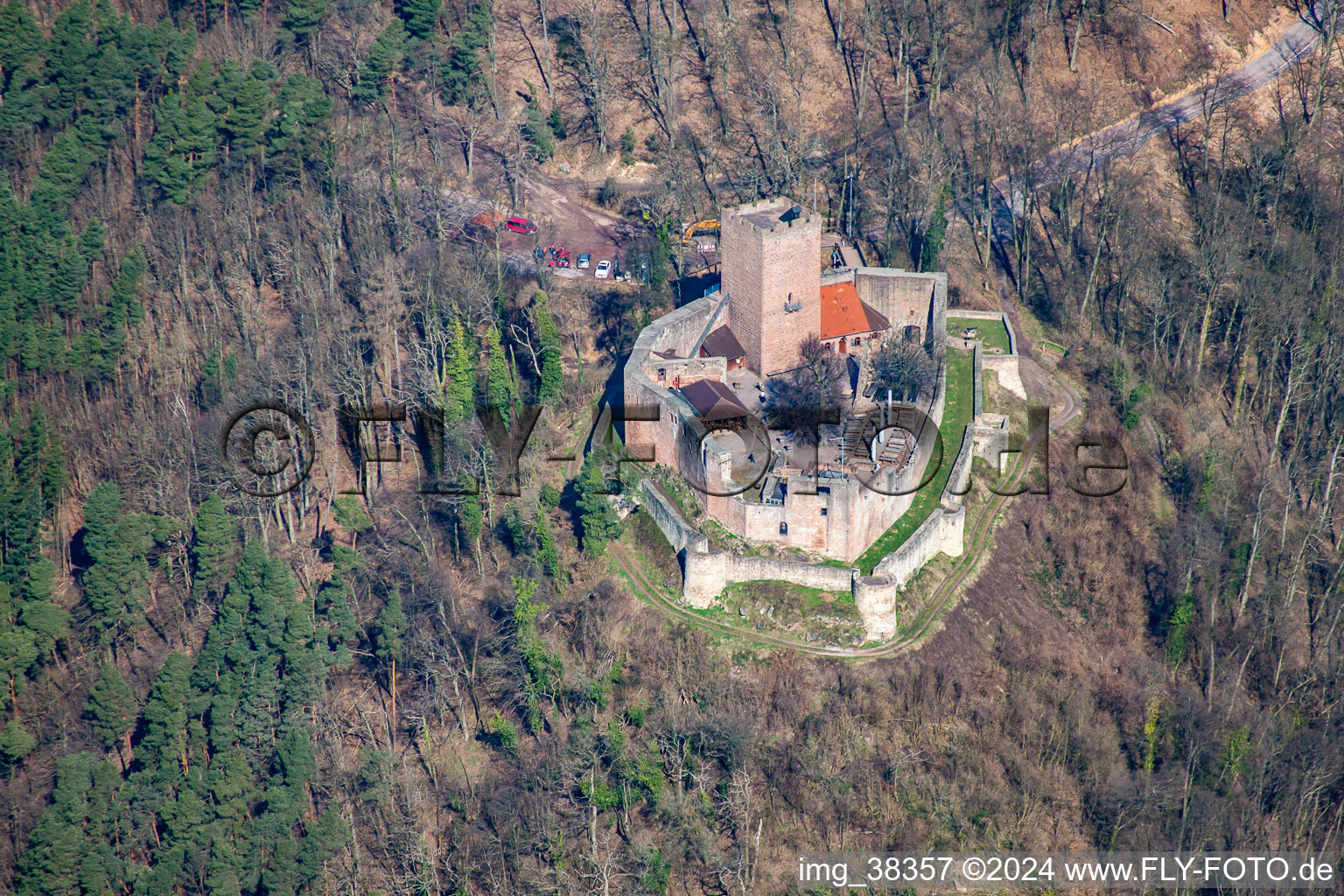 Aerial view of Ruins and vestiges of the former castle and fortress Burg Landeck in Klingenmuenster in the state Rhineland-Palatinate, Germany