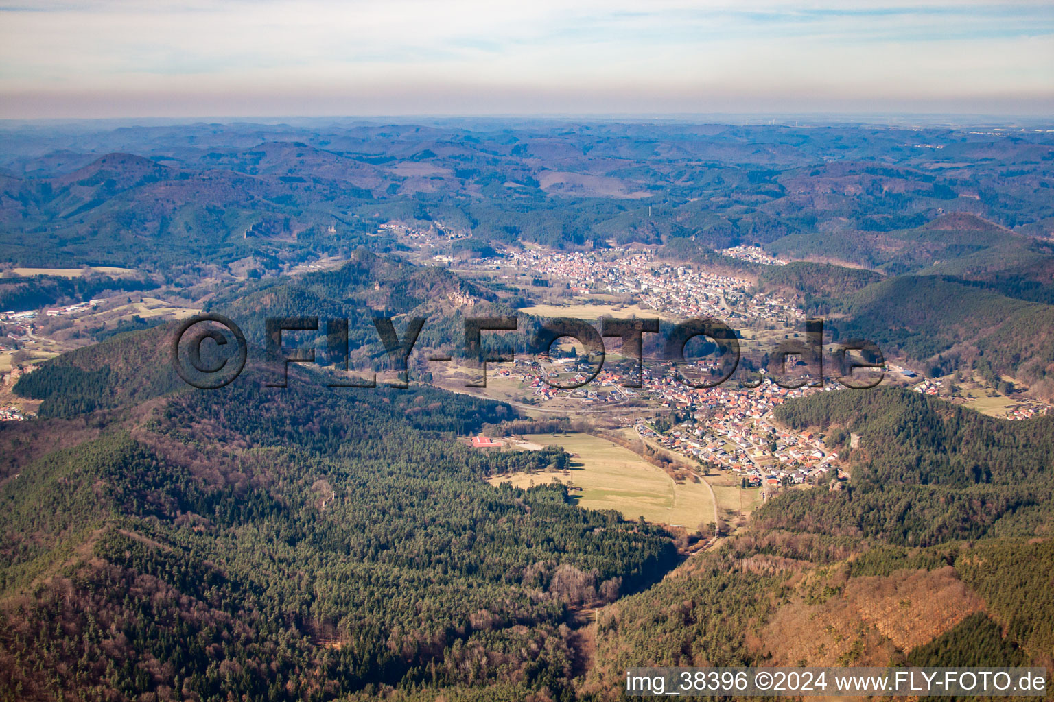 Erfweiler and Dahn from the east in Dahn in the state Rhineland-Palatinate, Germany