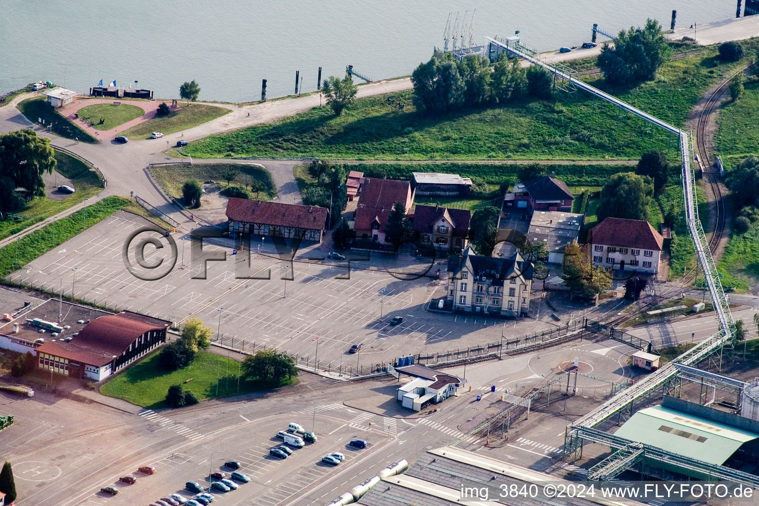 Aerial view of Chemical plants on the Rhine in Lauterbourg in the state Bas-Rhin, France