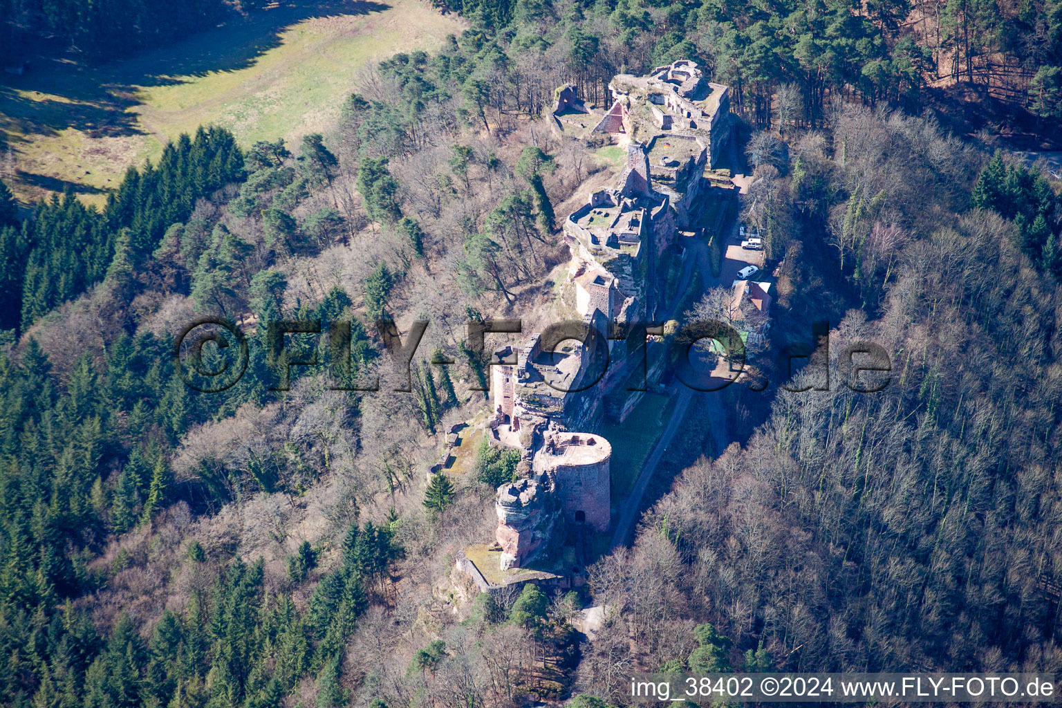 Ruin Old-Dahn in Dahn in the state Rhineland-Palatinate, Germany seen from above