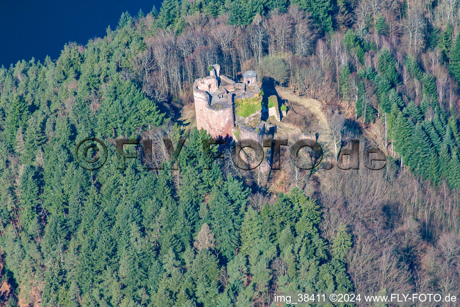 Aerial view of Ruins and vestiges of the former castle and fortress Burgruine Neudahn in Dahn in the state Rhineland-Palatinate