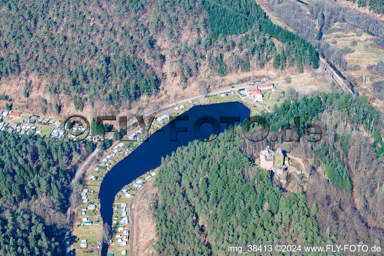 Aerial photograpy of Ruins and vestiges of the former castle and fortress Burgruine Neudahn in Dahn in the state Rhineland-Palatinate