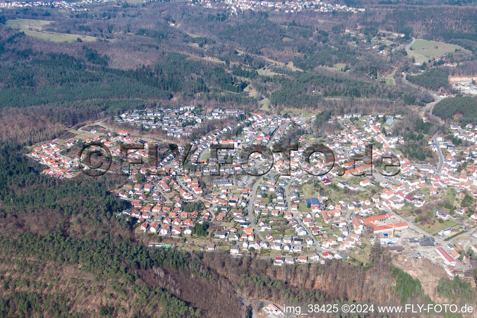 Aerial view of Town View of the streets and houses of the residential areas in Lemberg in the state Rhineland-Palatinate, Germany