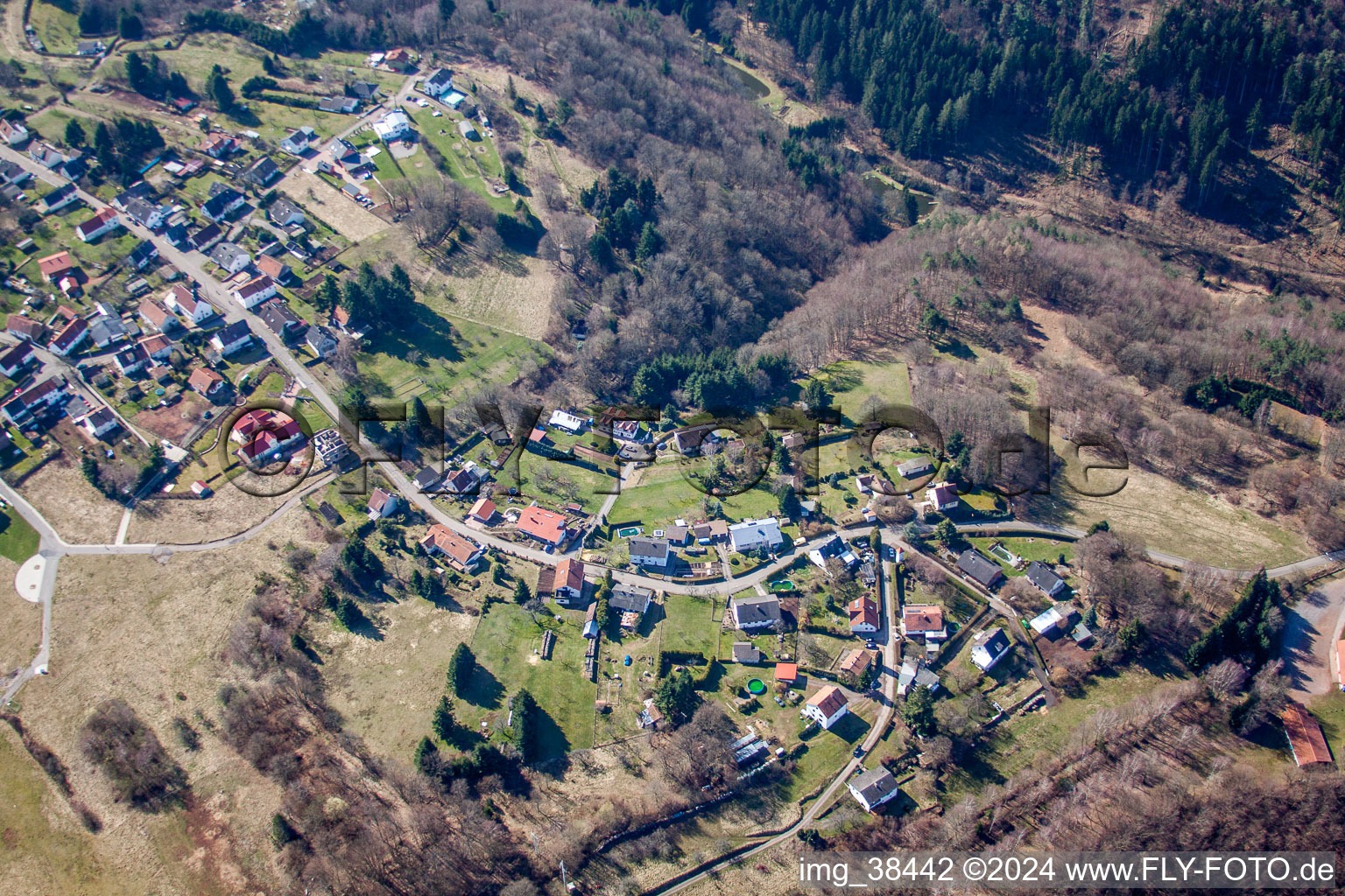 Village - view on the edge of agricultural fields and farmland in Hilst in the state Rhineland-Palatinate, Germany