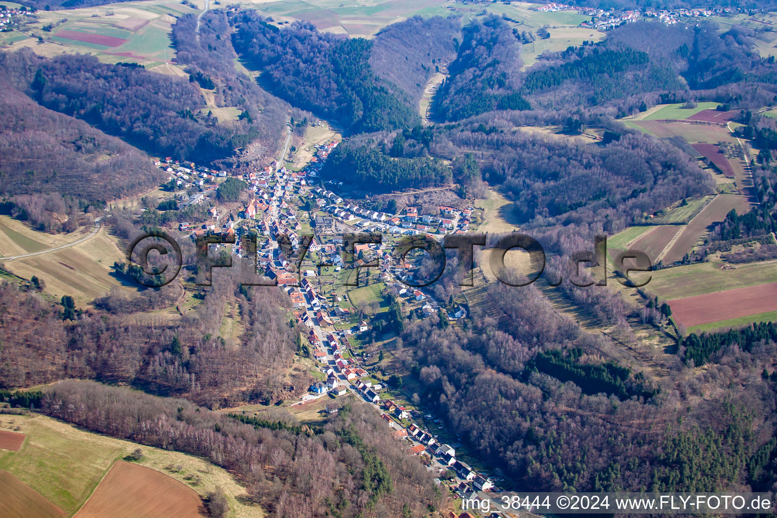 Village - view on the edge of agricultural fields and farmland in Trulben in the state Rhineland-Palatinate, Germany