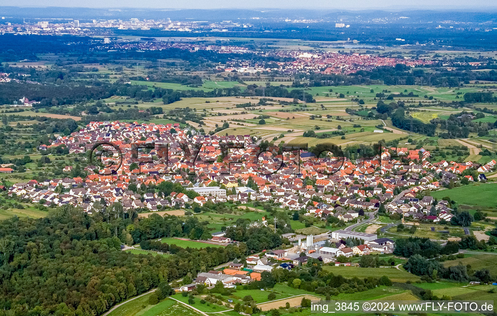 Town View of the streets and houses of the residential areas in the district Neuburgweier in Au am Rhein in the state Baden-Wurttemberg out of the air