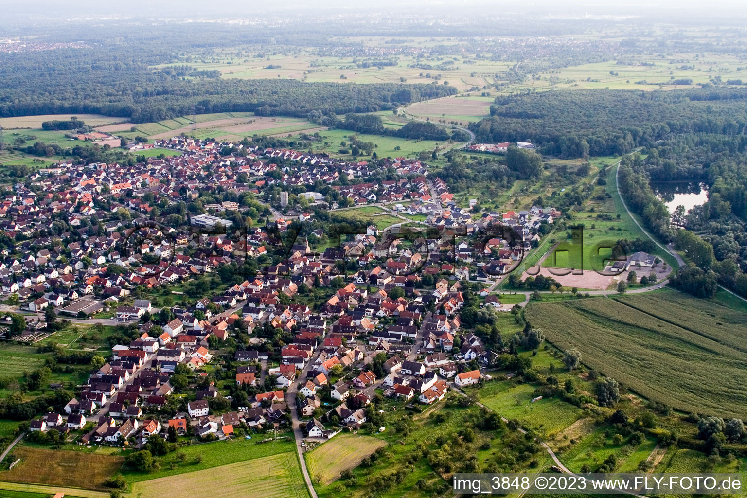Aerial view of Illingen in Elchesheim in the state Baden-Wuerttemberg, Germany