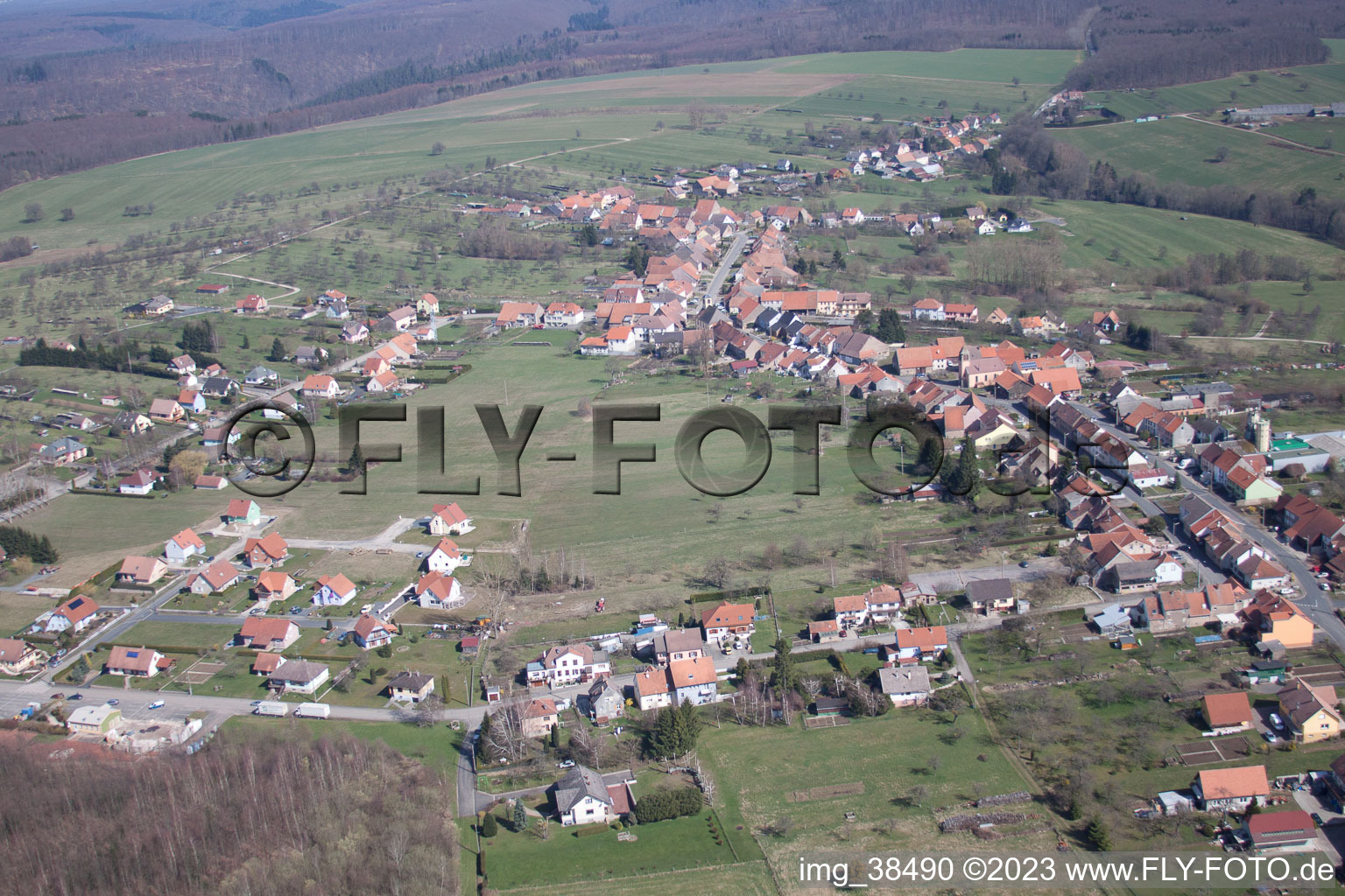 Aerial view of Weislingen in the state Bas-Rhin, France