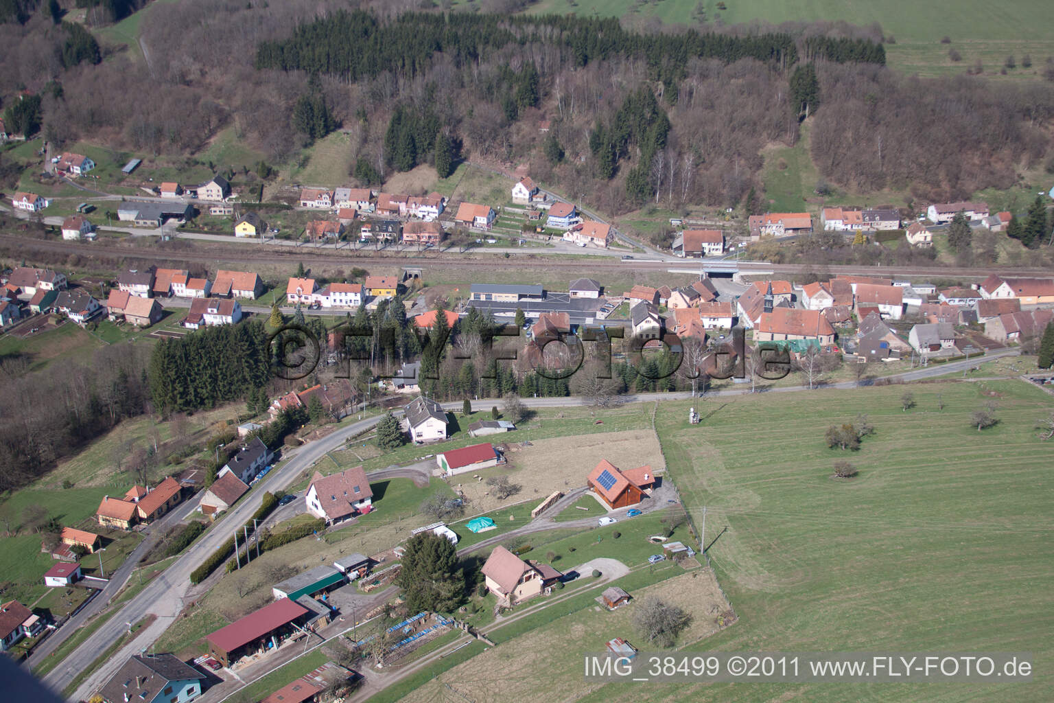 Aerial view of Village view in Tieffenbach in Grand Est, France