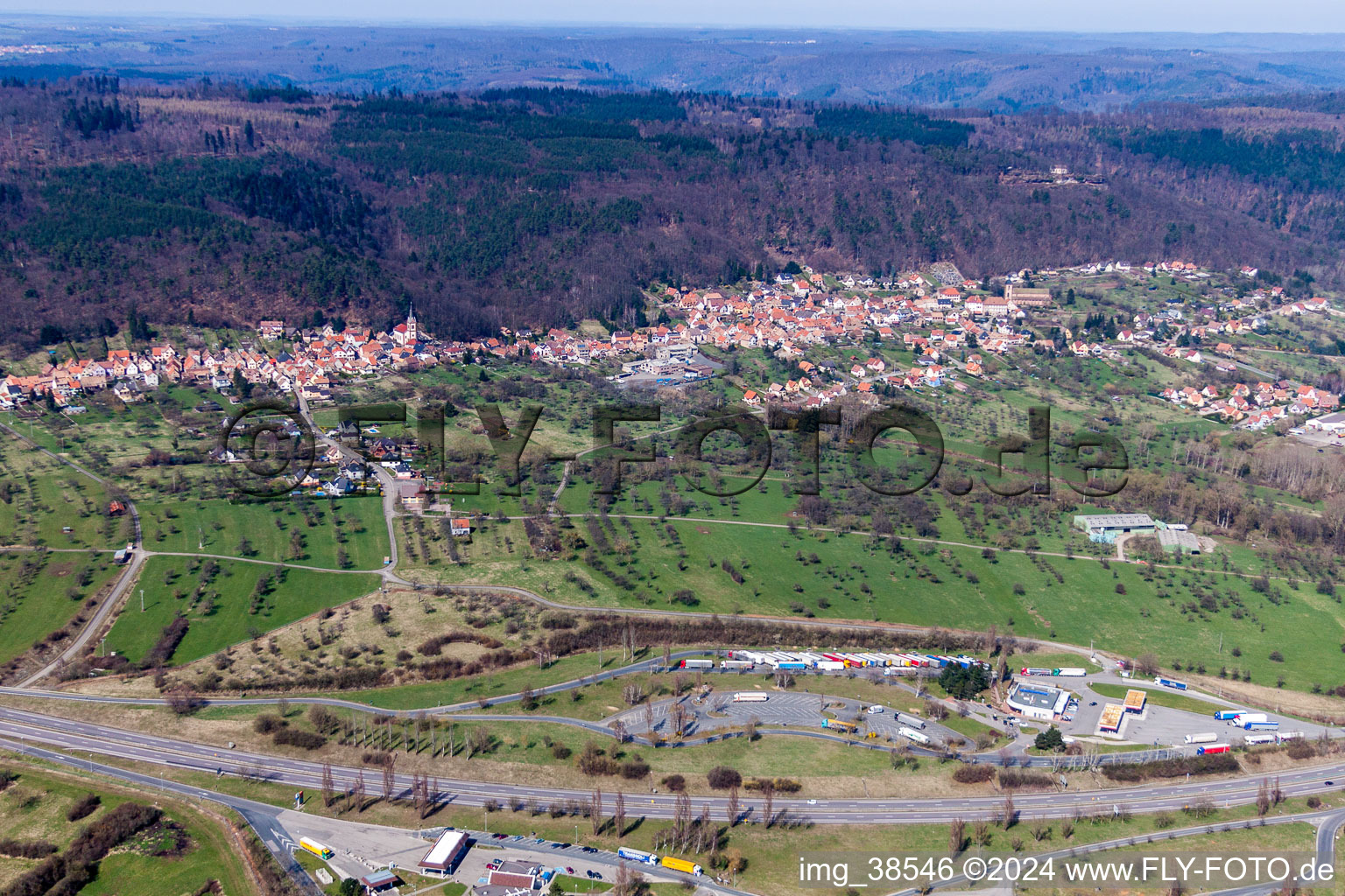 Motorway service area on the edge of the course of A4 highway Aire de Service AVIA de Saverne-Eckartswiller in Eckartswiller in Grand Est, France