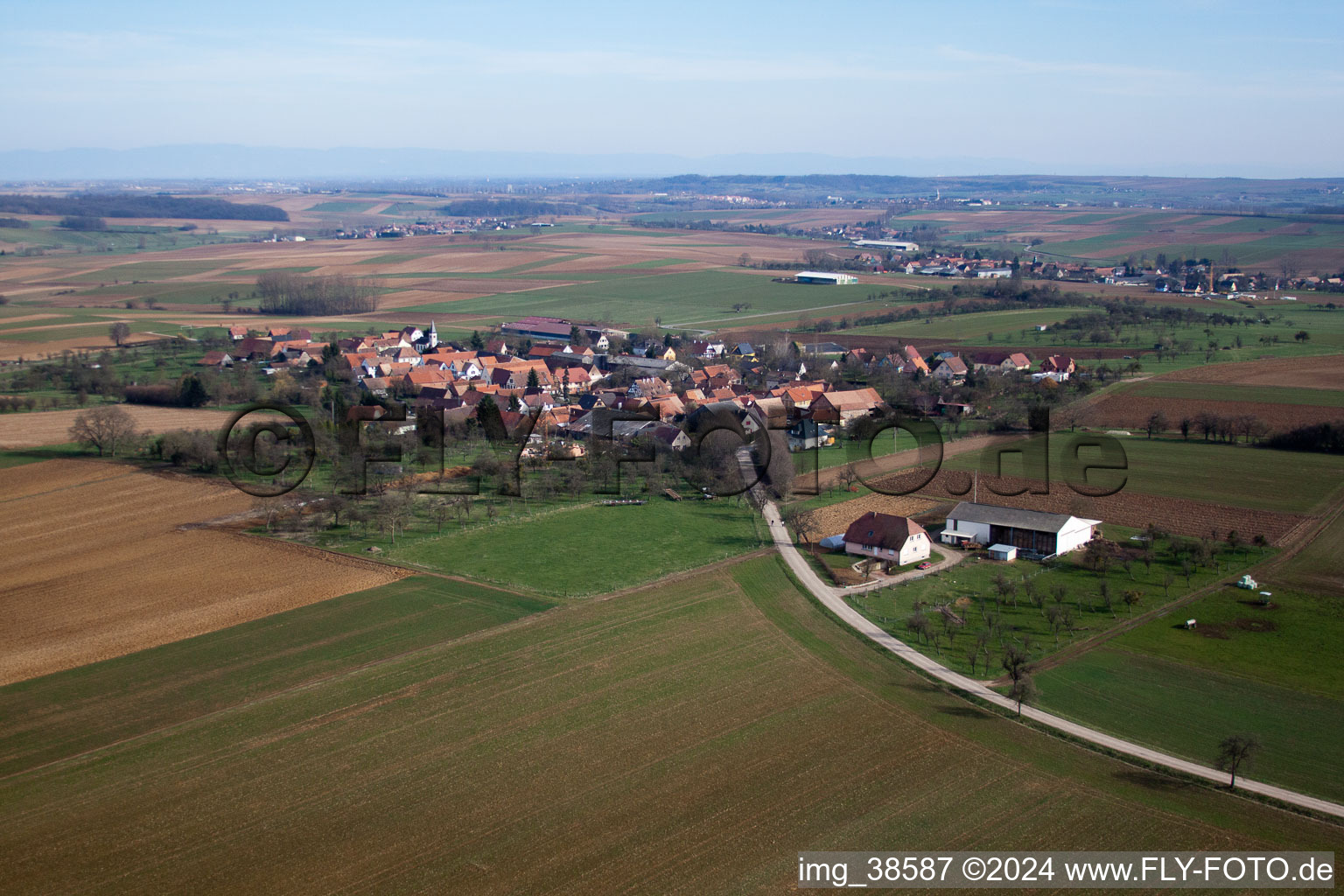 Aerial view of Zœbersdorf in the state Bas-Rhin, France