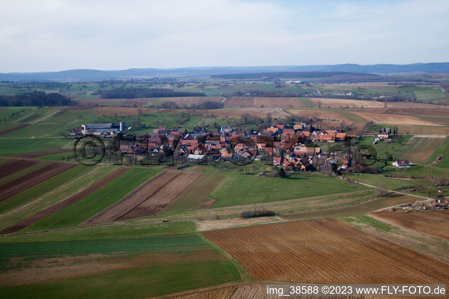 Aerial photograpy of Zœbersdorf in the state Bas-Rhin, France