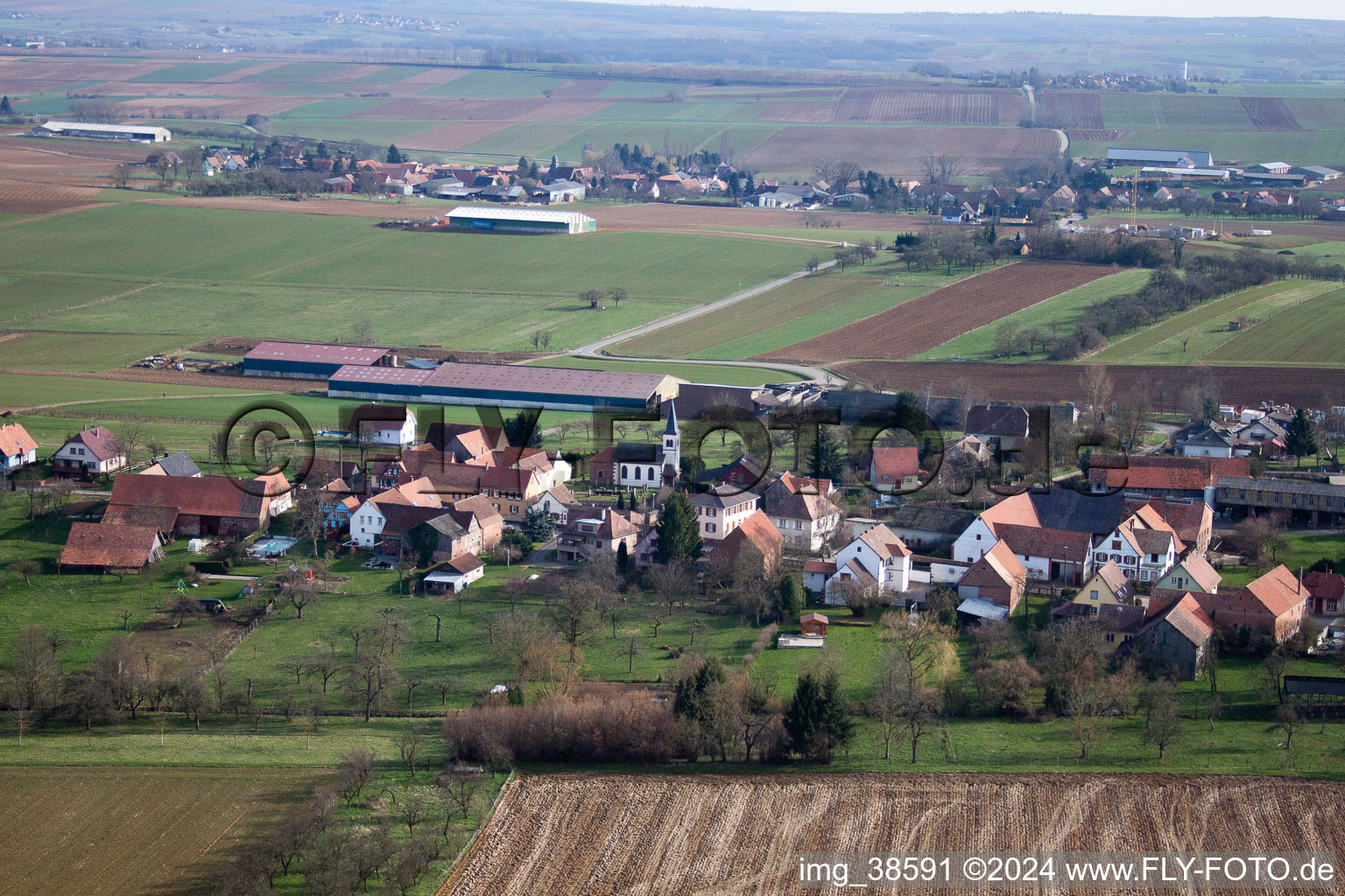 Zœbersdorf in the state Bas-Rhin, France from above