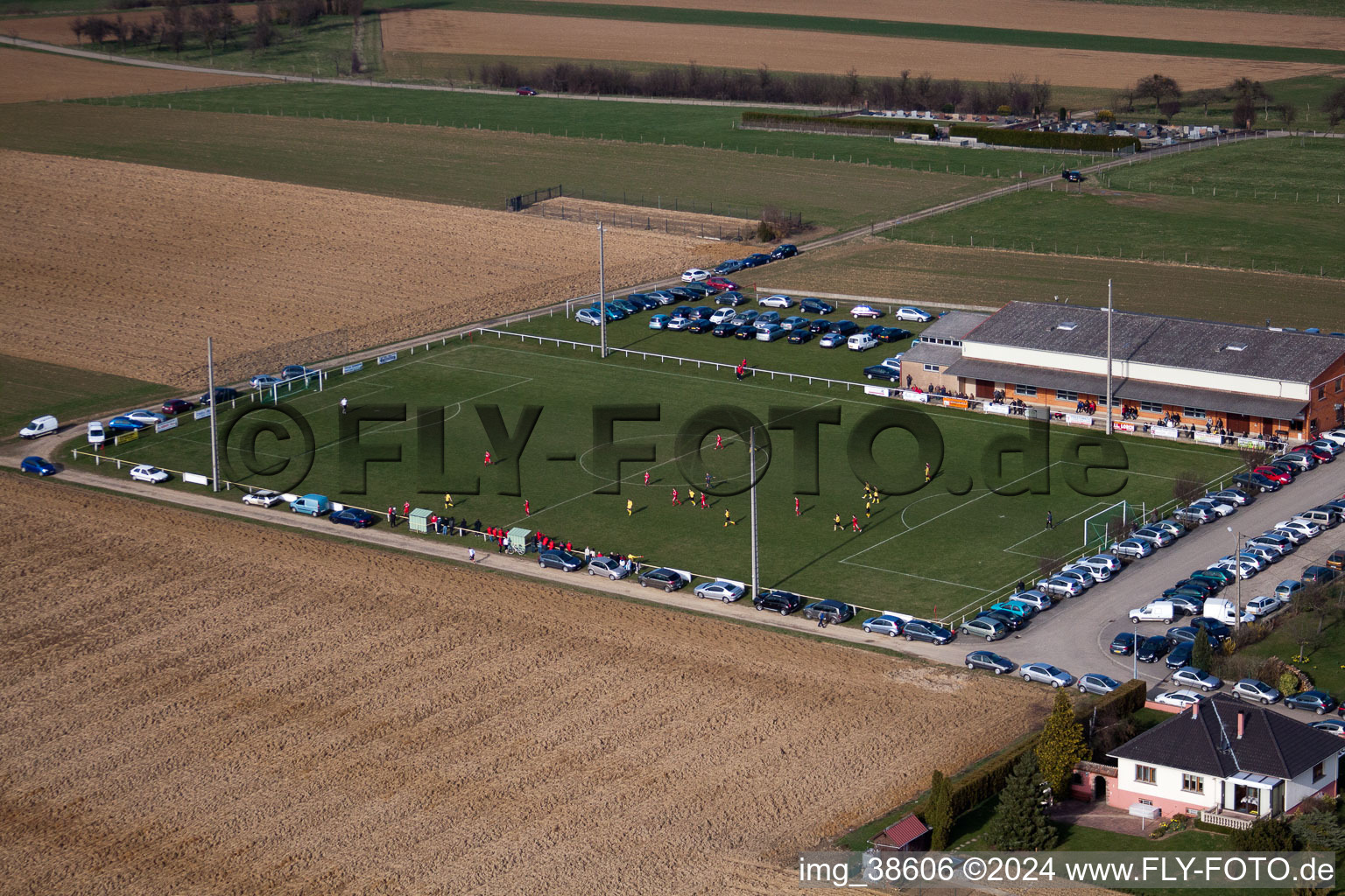 Aerial view of Sports field in Ringendorf in the state Bas-Rhin, France