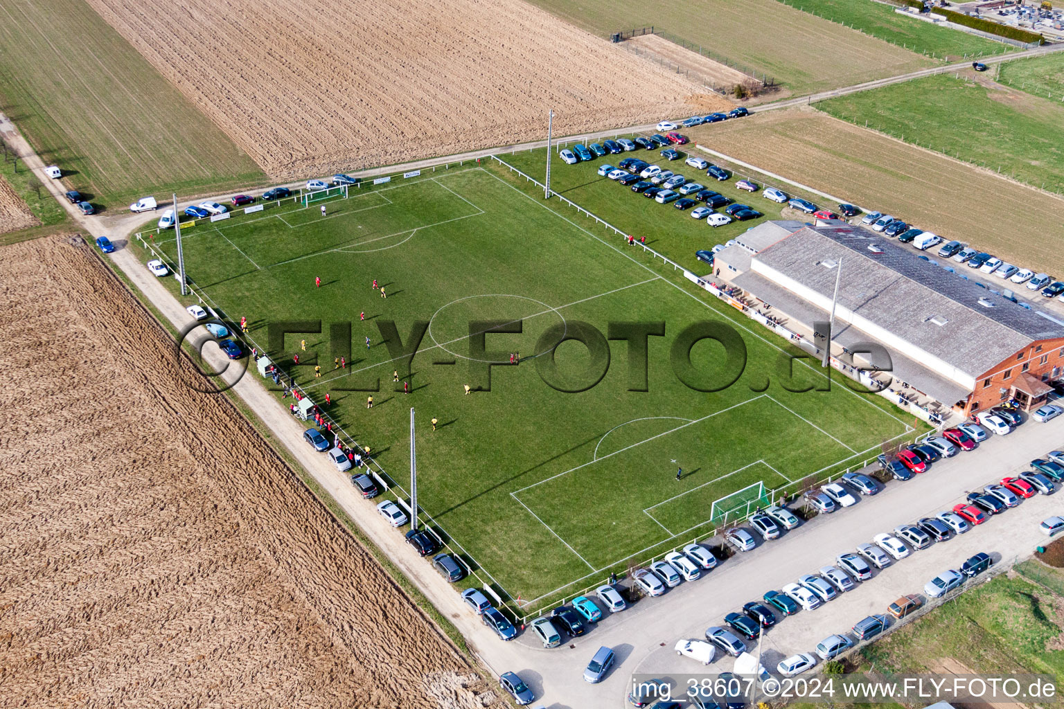 Aerial view of Sports grounds and football pitch in Ringendorf in Grand Est, France