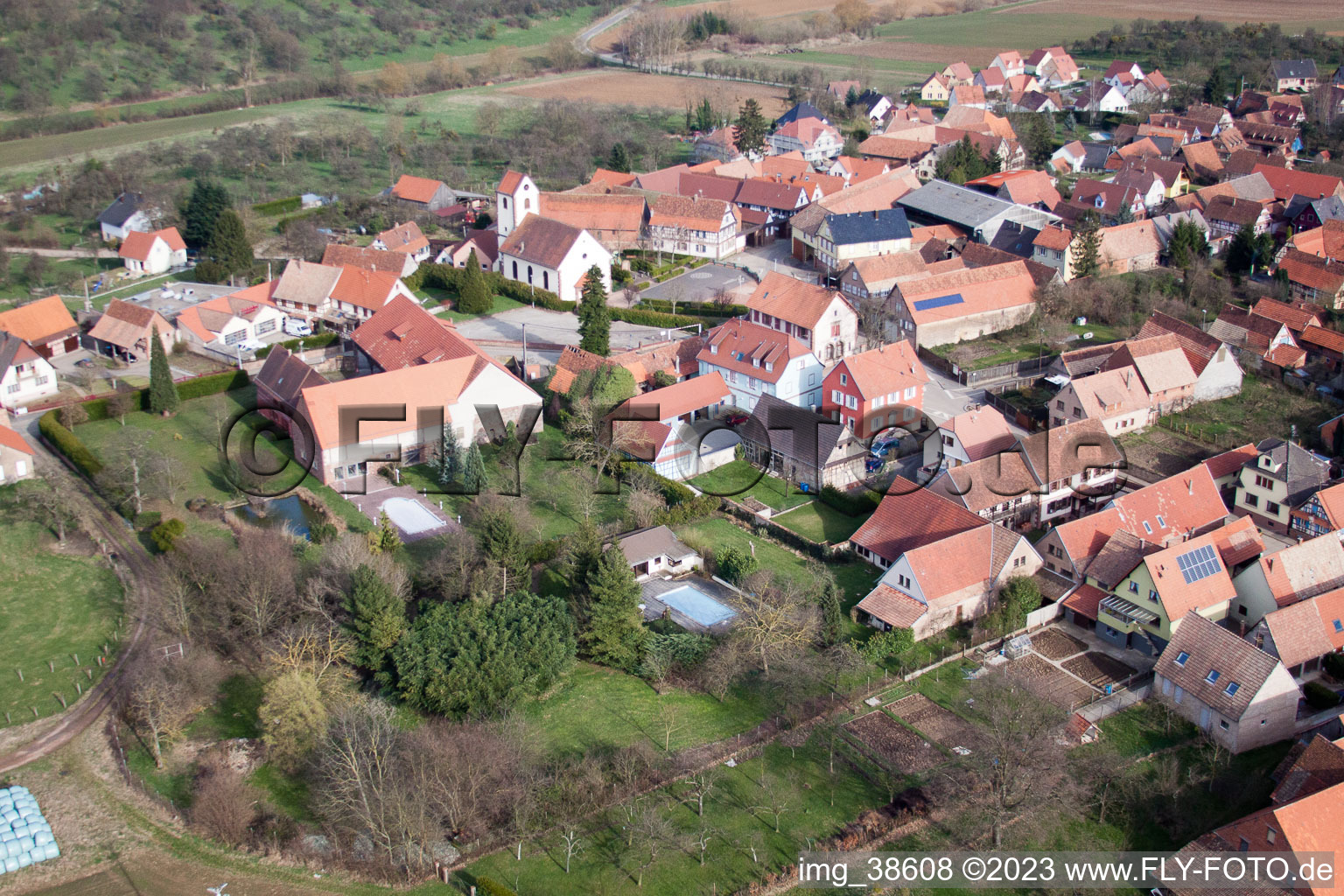 Aerial view of Ringendorf in the state Bas-Rhin, France