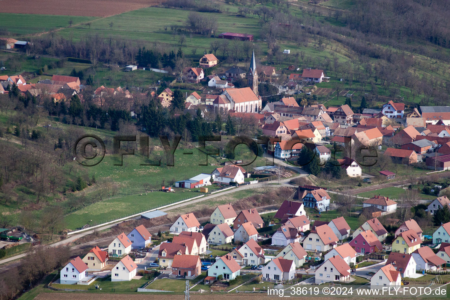 Bird's eye view of Buswiller in the state Bas-Rhin, France