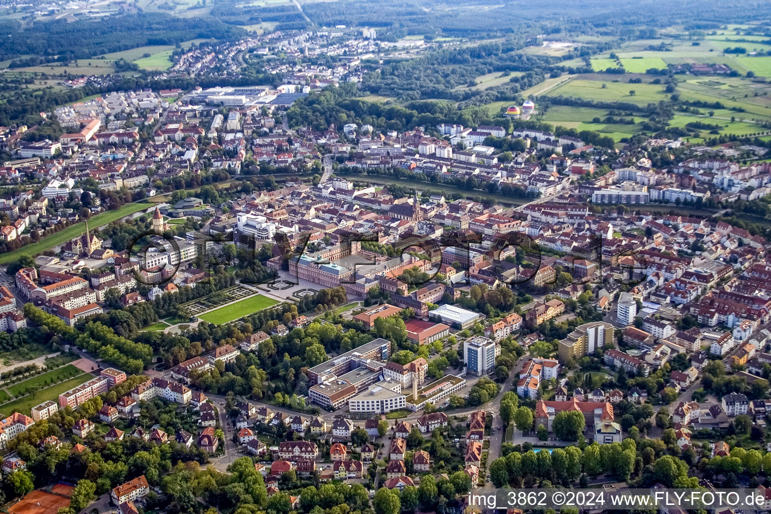 City centre with castle park in Rastatt in the state Baden-Wuerttemberg, Germany