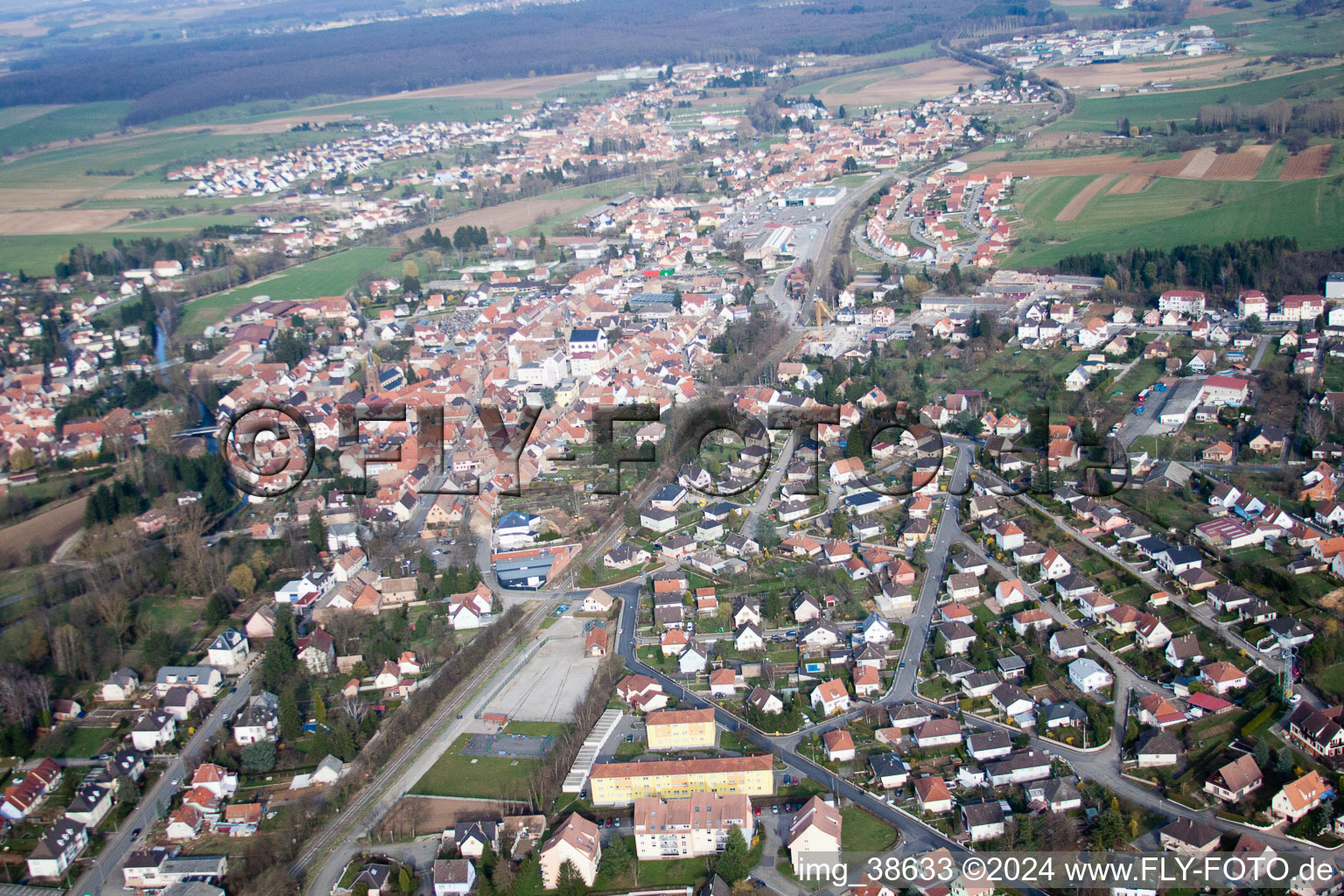 Aerial view of Pfaffenhoffen in the state Bas-Rhin, France