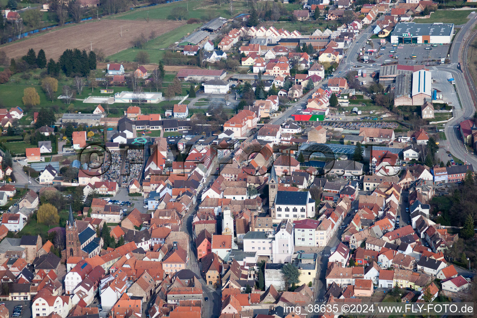 Oblique view of Pfaffenhoffen in the state Bas-Rhin, France