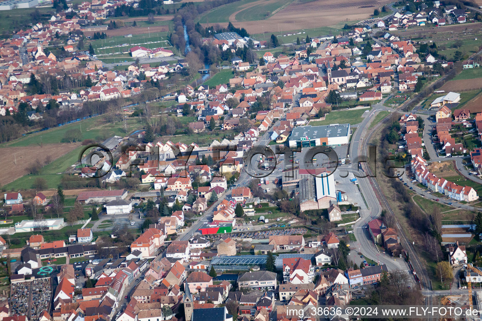 Pfaffenhoffen in the state Bas-Rhin, France from above