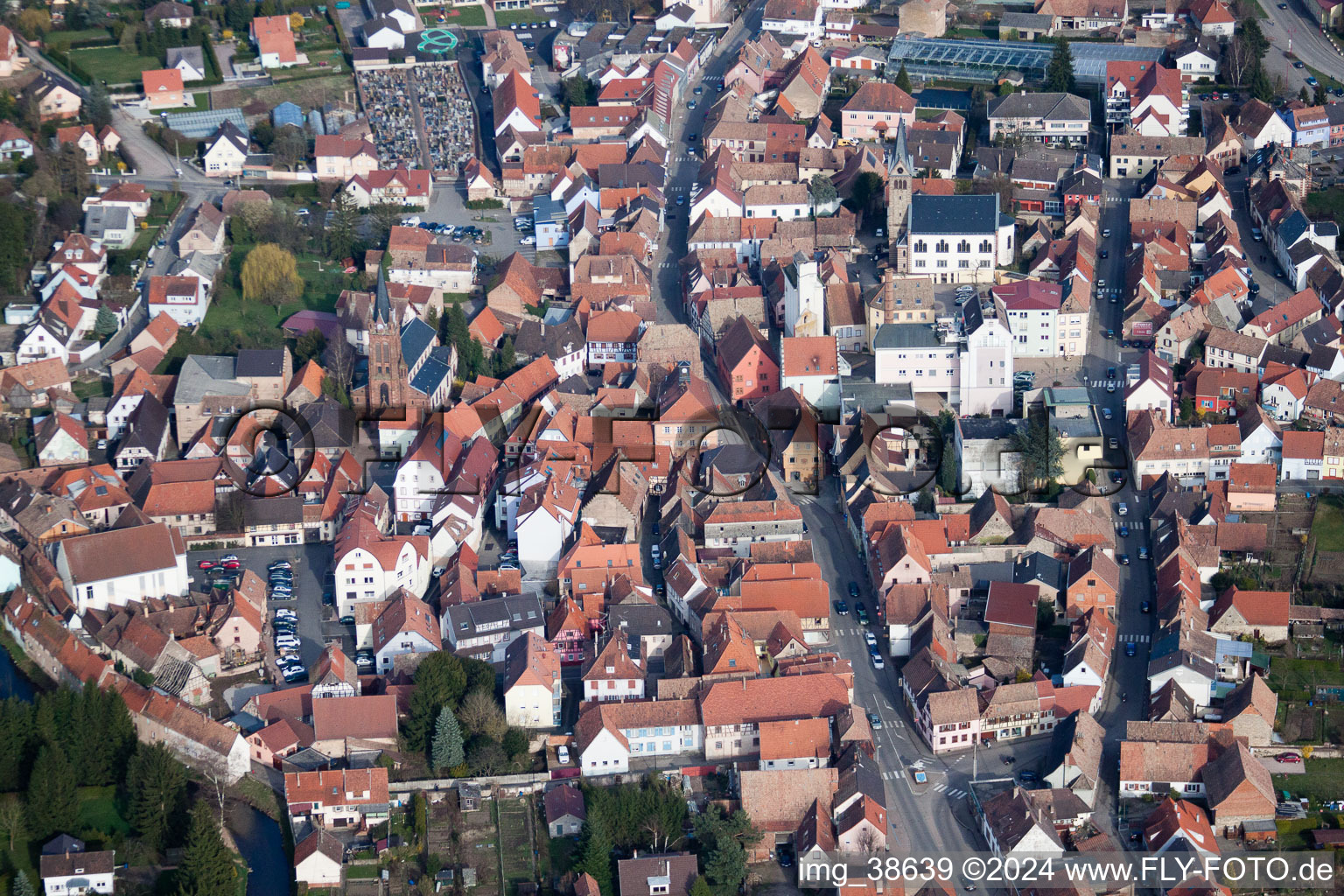 Pfaffenhoffen in the state Bas-Rhin, France seen from above