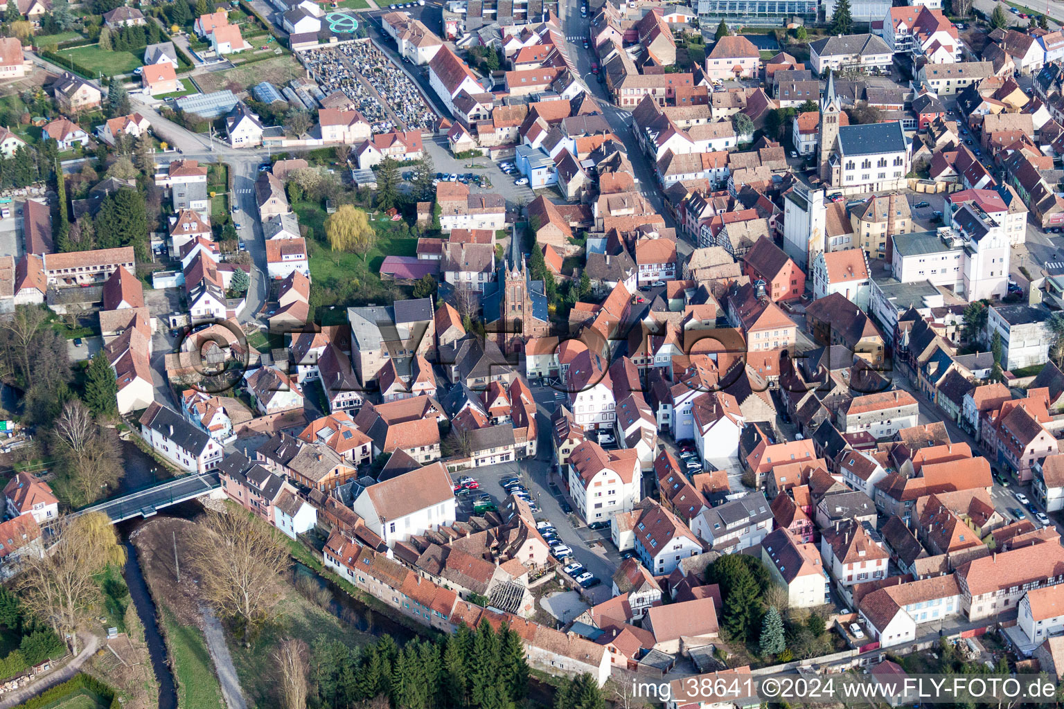 Aerial view of City view of the city area of in Pfaffenhoffen in Grand Est, France