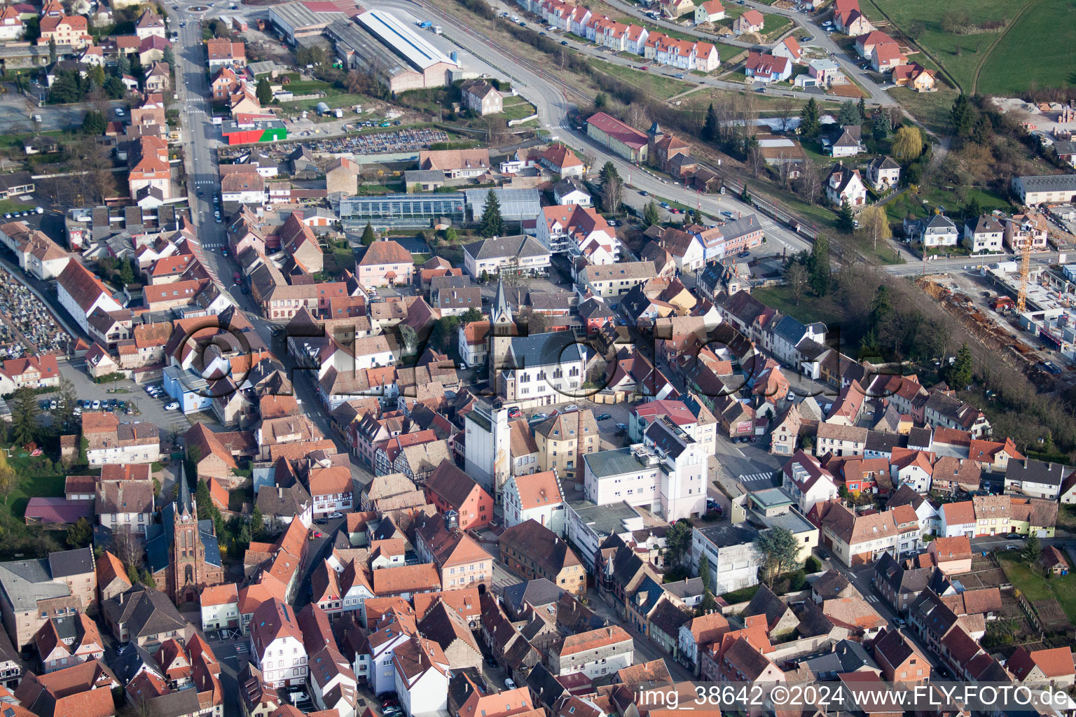 Bird's eye view of Pfaffenhoffen in the state Bas-Rhin, France