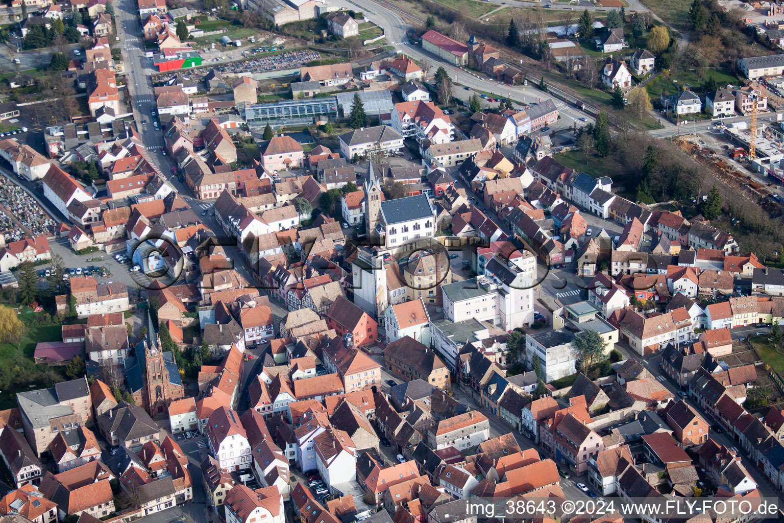 Pfaffenhoffen in the state Bas-Rhin, France viewn from the air