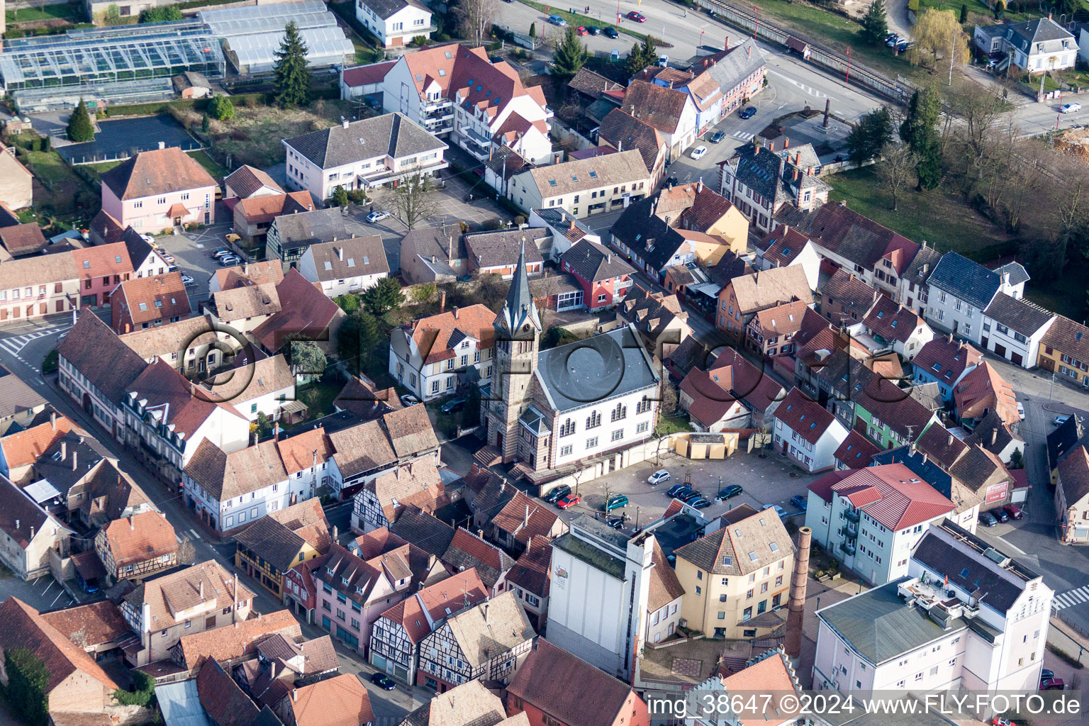 The city center in the downtown area in Pfaffenhoffen in Grand Est, France